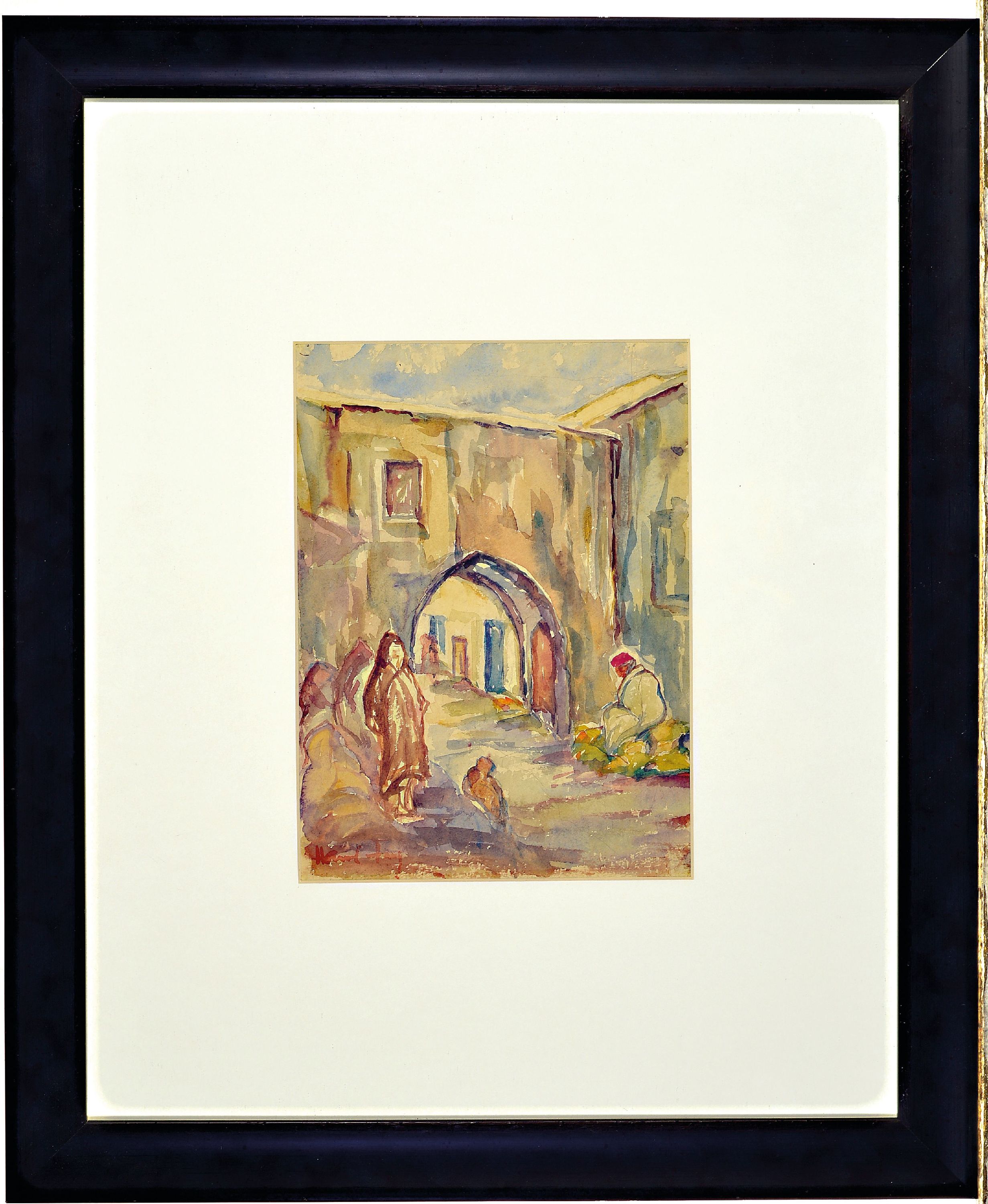 Detail m: Hanns Fay, 1888 Frankenthal-1957 Neustadt, 2 Aquarelle, 2 stehende weibliche Akte, südliche Straßenszene, je handsigniert, unter Glas gerahmt ...