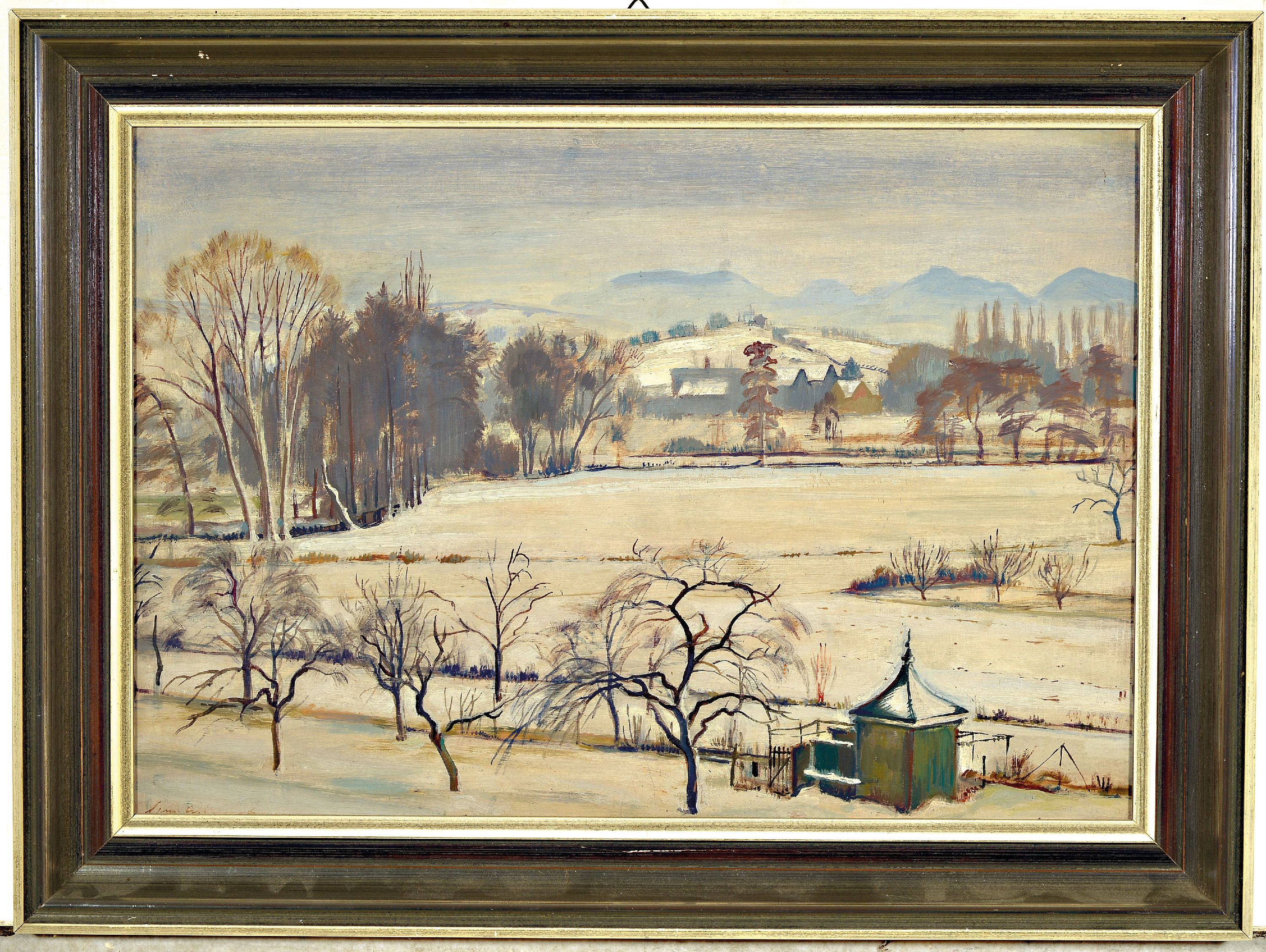 Detail k: Hermann Croissant, 1897-1963 Landau, winterlicher Blick aus dem Atelierfenster, links unten signiert und datiert 1942, Öl/Masonit, 35x50 cm, Rahmen ...
