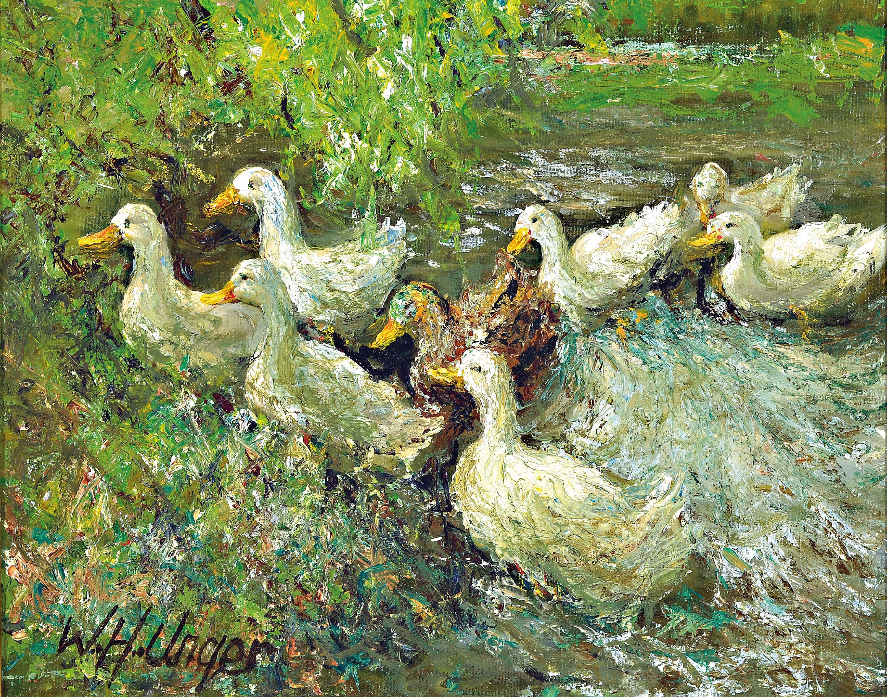 Image 27006973 - Wolfgang Heinz Unger, 1929-2019, ´Enten am Ufer´, Öl/Masonit, signiert, 40x50 cm, ...