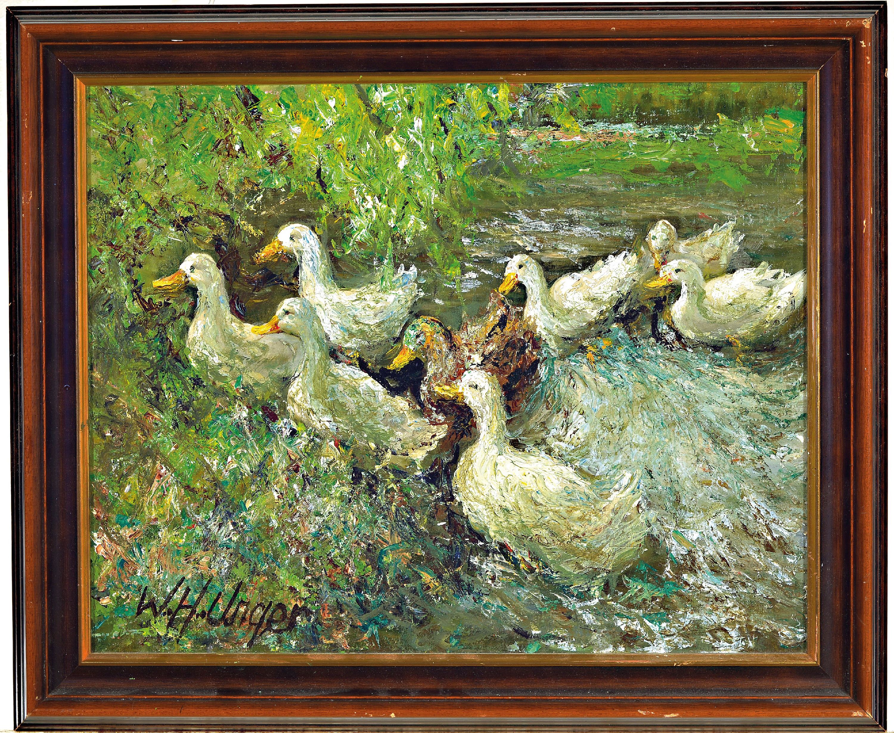 Detail k: Wolfgang Heinz Unger, 1929-2019, "Enten am Ufer", Öl/Masonit, signiert, 40x50 cm, Rahmen 50x60 cm