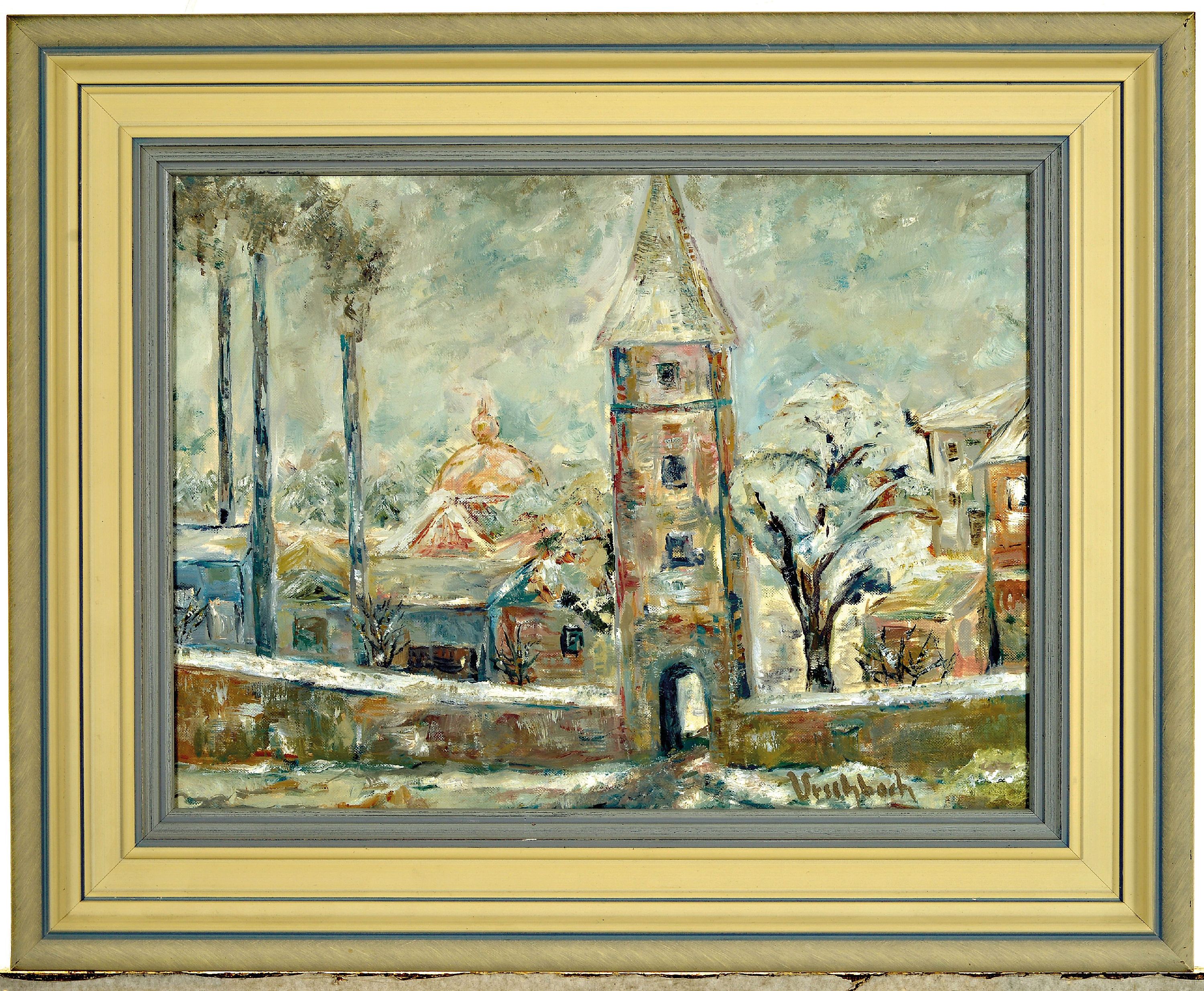 Detail k: Fritz Urschbach, 1880 Venningen-1969 München , südliche Stadtlandschaft, rechts unten signiert, Öl/Platte, unter Glas gerahmt 42x52 cm; Urschbach ...