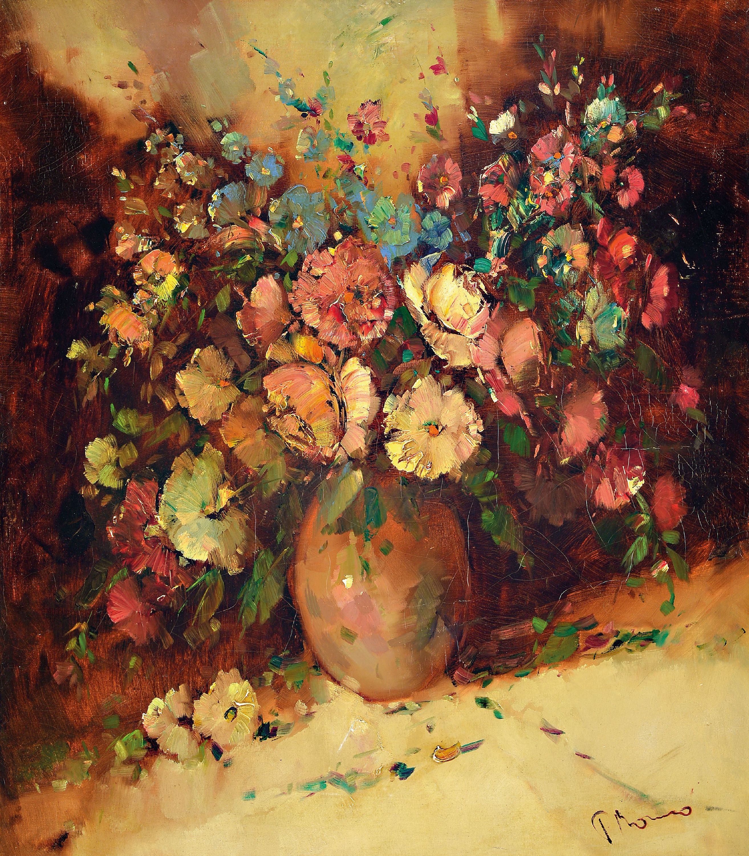Image 27006995 - Paul Henze Morro, 1925 Leipzig-1972, Blumenstillleben, signiert, Öl/Platte, Rahmen ...