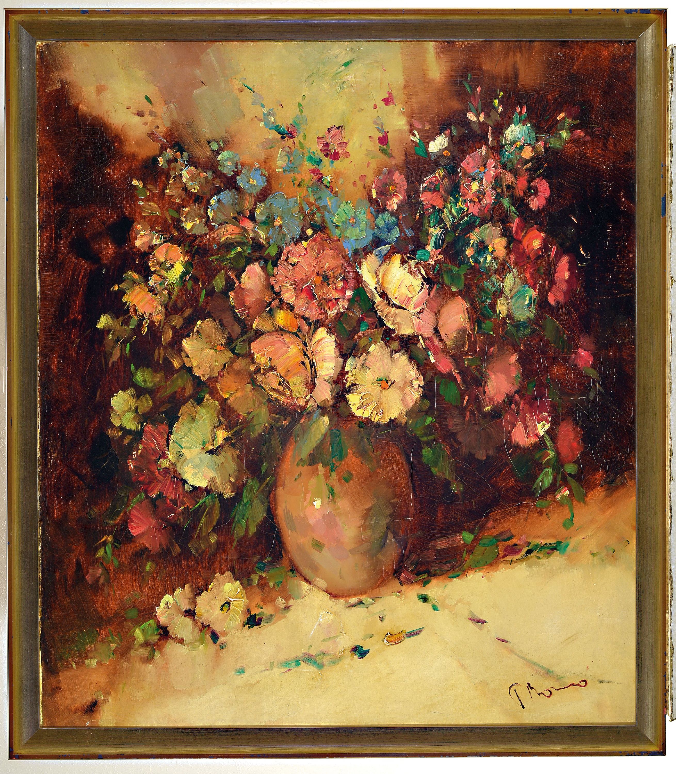 Detail k: Paul Henze Morro, 1925 Leipzig-1972, Blumenstillleben, signiert, Öl/Platte, Rahmen 88x77 cm