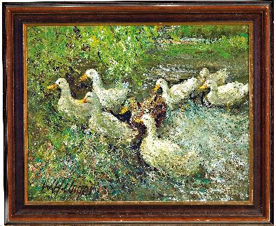 27006973k - Wolfgang Heinz Unger, 1929-2019, ´Enten am Ufer´, Öl/Masonit, signiert, 40x50 cm, ...