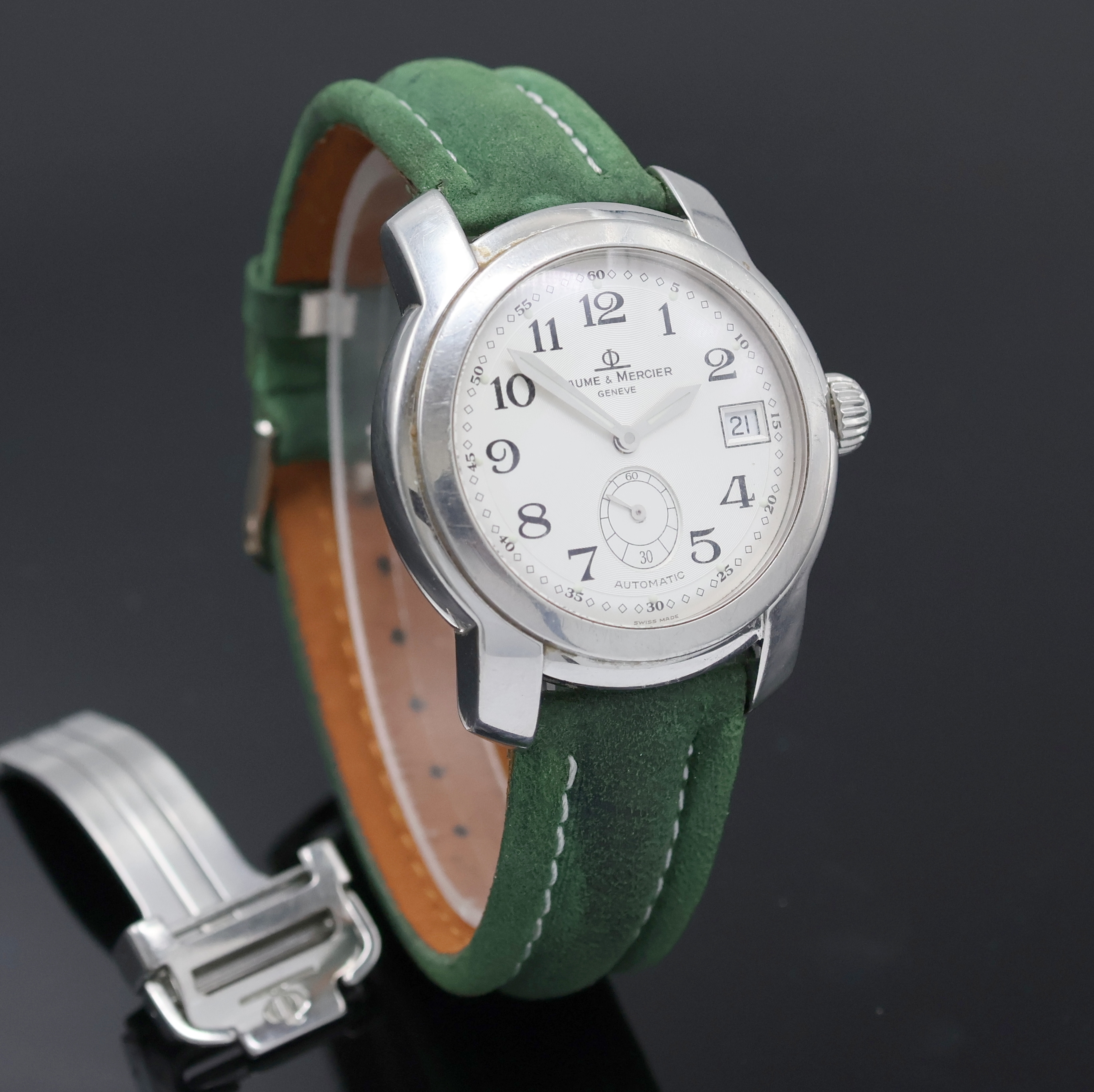 Detail b: BAUME & MERCIER Capeland Herrenarmbanduhr Referenz MV045221, Schweiz um 2005, Automatik, Edelstahlgeh., Boden u. Krone verschr., silb. Zifferbl. m. ...