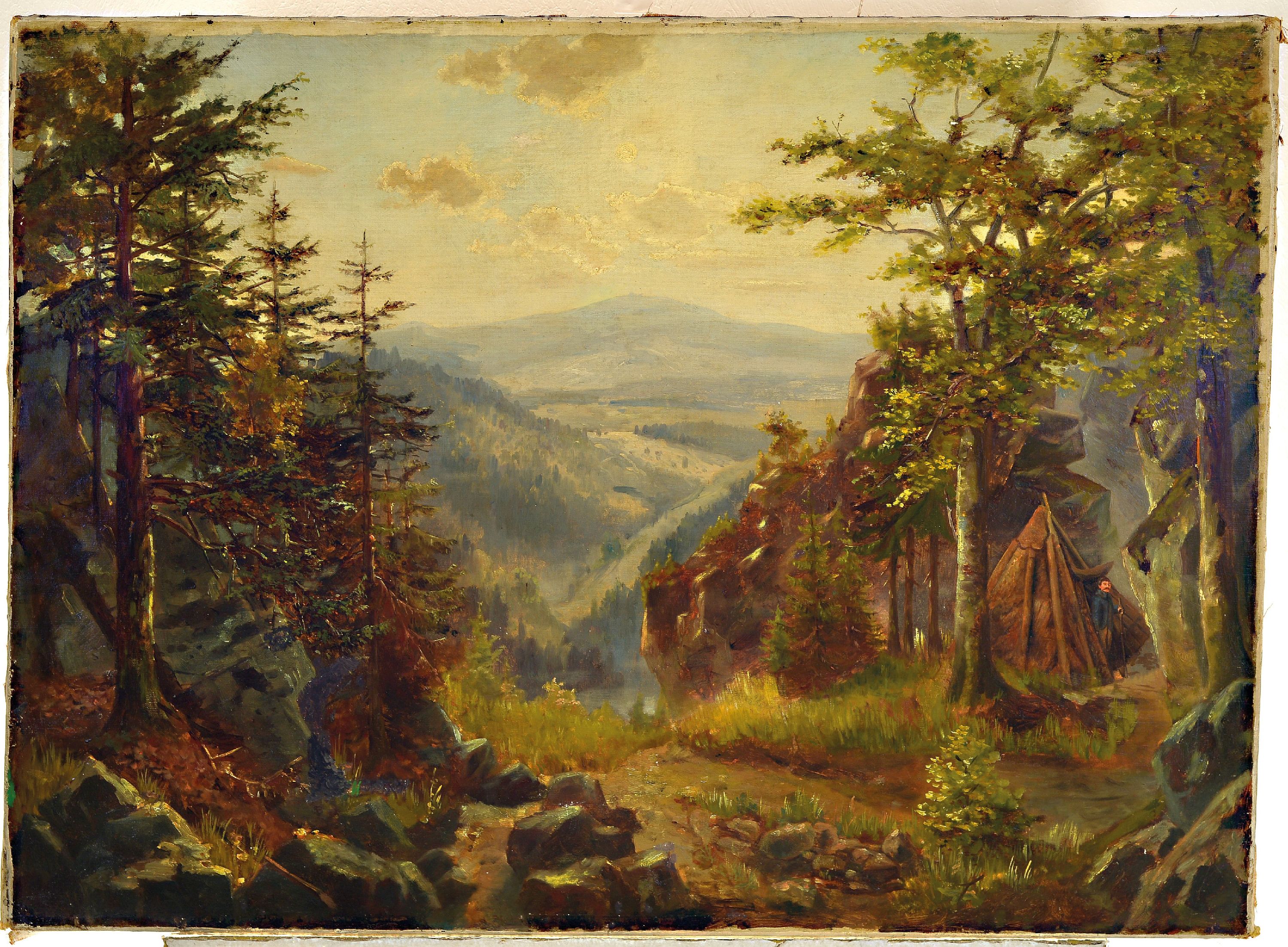 Detail k: Unbekannter Künstler, deutsch, um 1900, Blick von einer Baum bestandenen Anhöhe ins Tal, rechts ein Jäger vor seinem Zelt, Öl/Lwd, rest., ca. ...