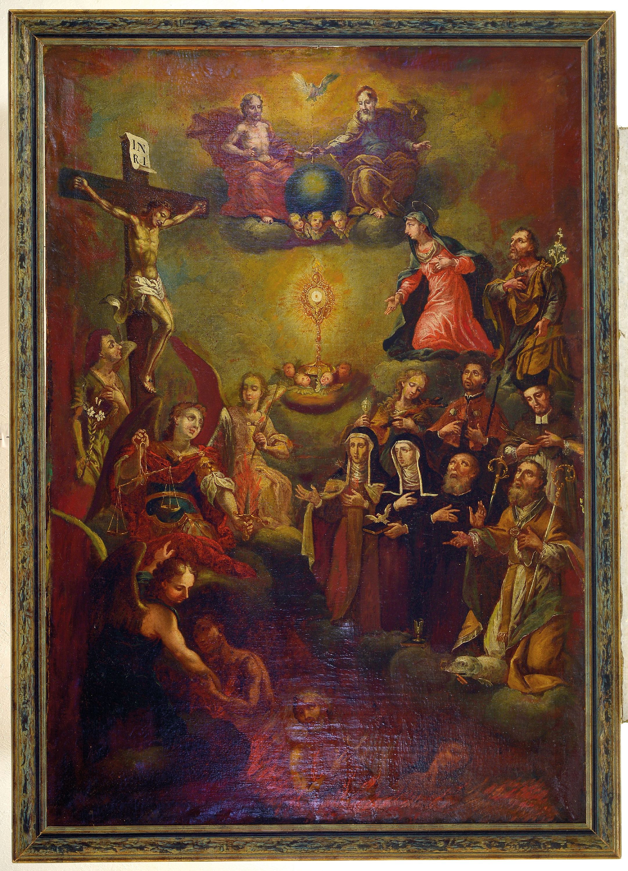 Detail k: Unbekannter Künstler, Italien, 18. Jh., vielfigurige Darstellung der christlichen Erlösung mit Sündern im Fegefeuer, helfenden Engeln, ...