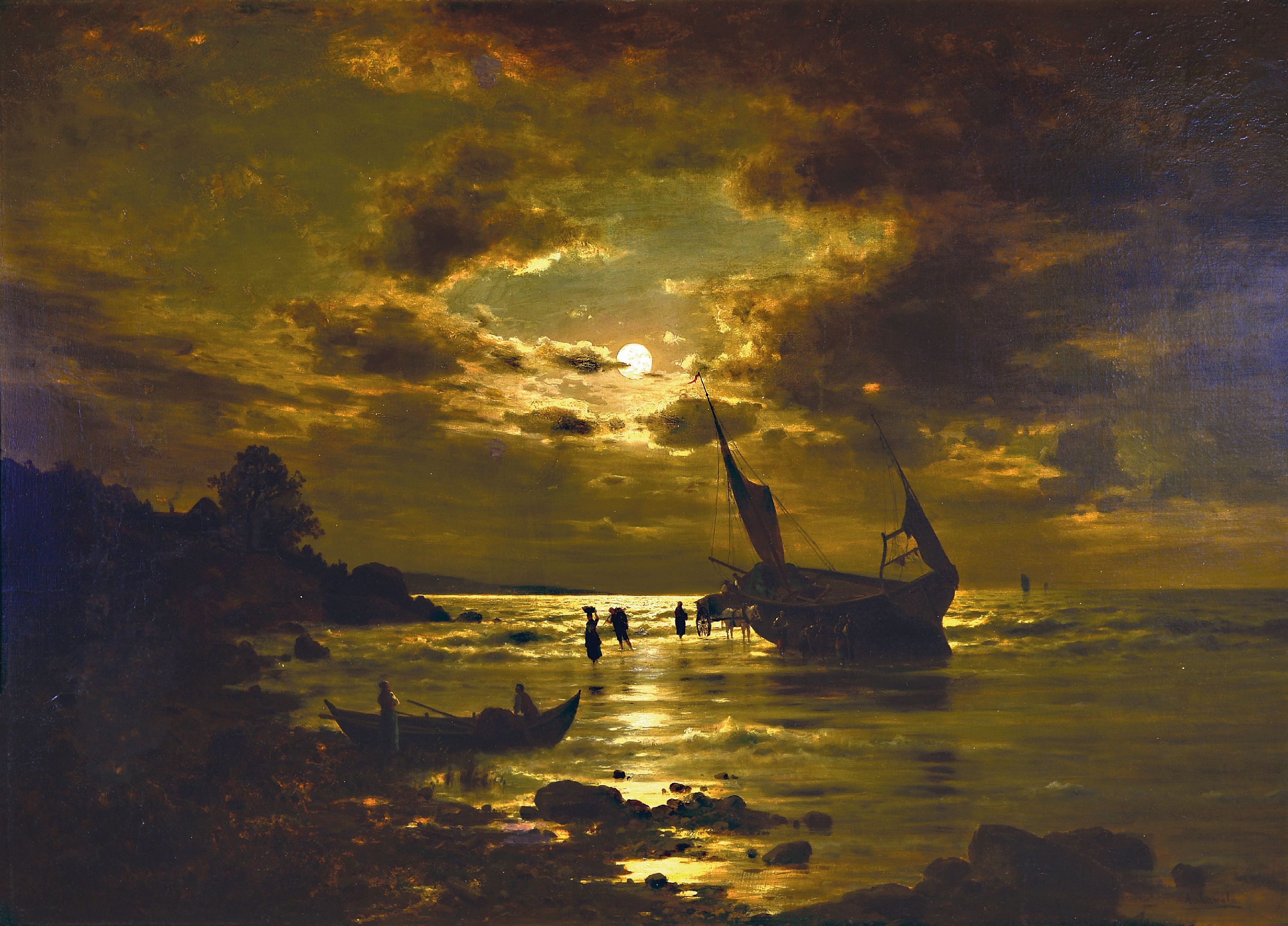 Image 27007330 - Adolf Chwala, 1836 Prag-1900 Wien, Vollmond über heimkehrende Fischer am Strand, ...