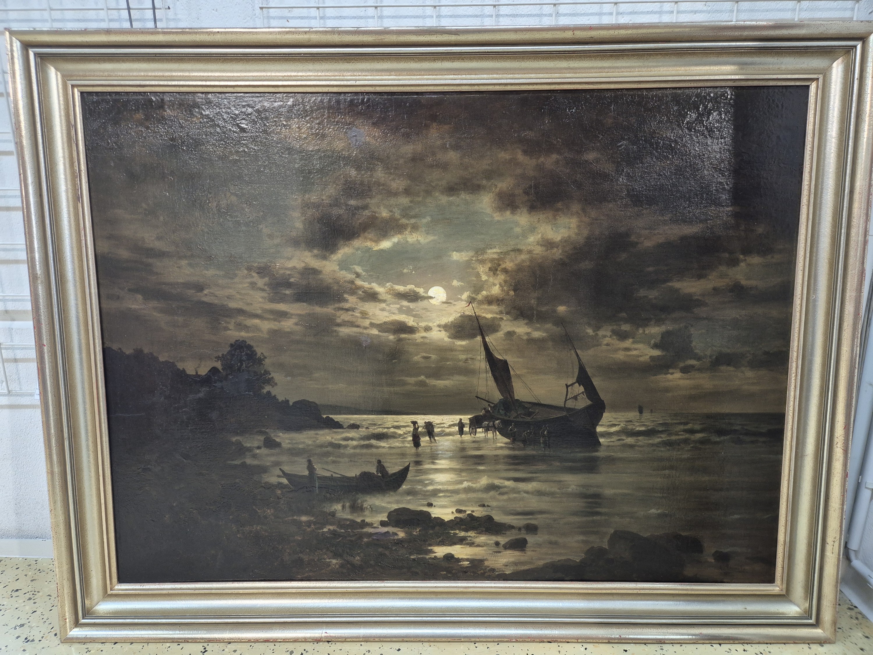 Detail a: Adolf Chwala, 1836 Prag-1900 Wien, Vollmond über heimkehrende Fischer am Strand, Öl/Lwd, doubl., rest., retouschiert, rechts unten signiert, ca. ...
