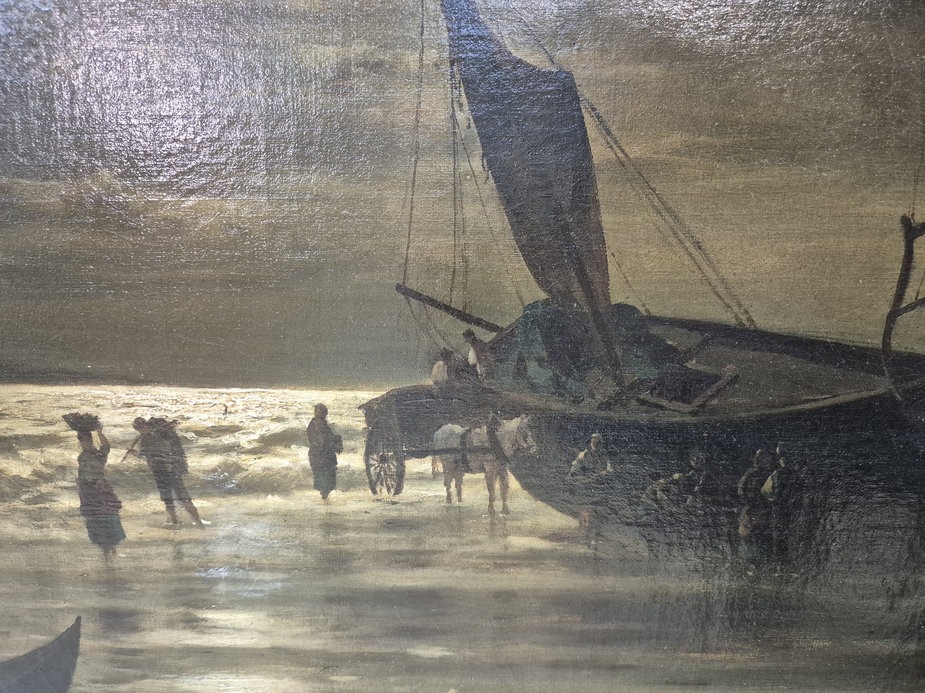 Detail c: Adolf Chwala, 1836 Prag-1900 Wien, Vollmond über heimkehrende Fischer am Strand, Öl/Lwd, doubl., rest., retouschiert, rechts unten signiert, ca. ...