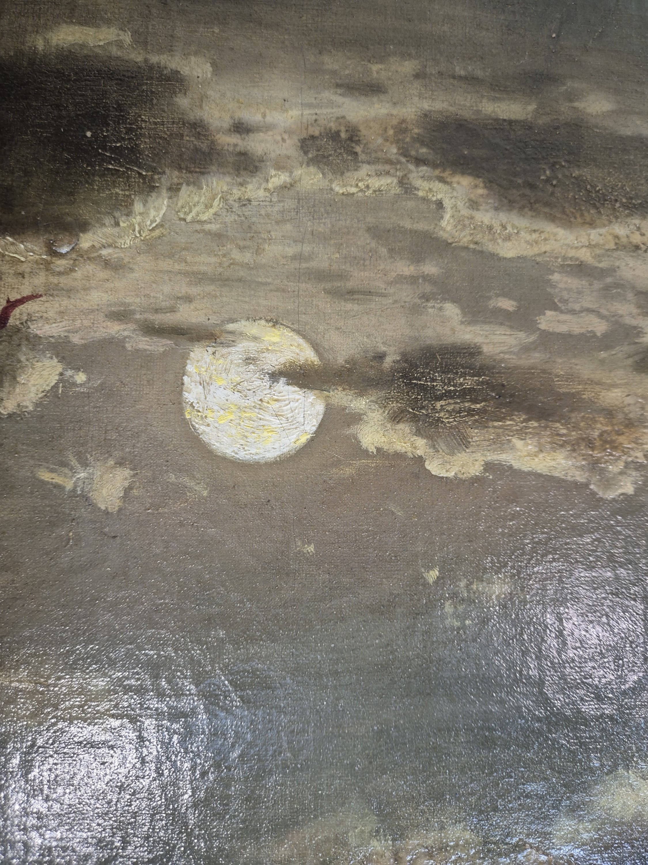 Detail d: Adolf Chwala, 1836 Prag-1900 Wien, Vollmond über heimkehrende Fischer am Strand, Öl/Lwd, doubl., rest., retouschiert, rechts unten signiert, ca. ...