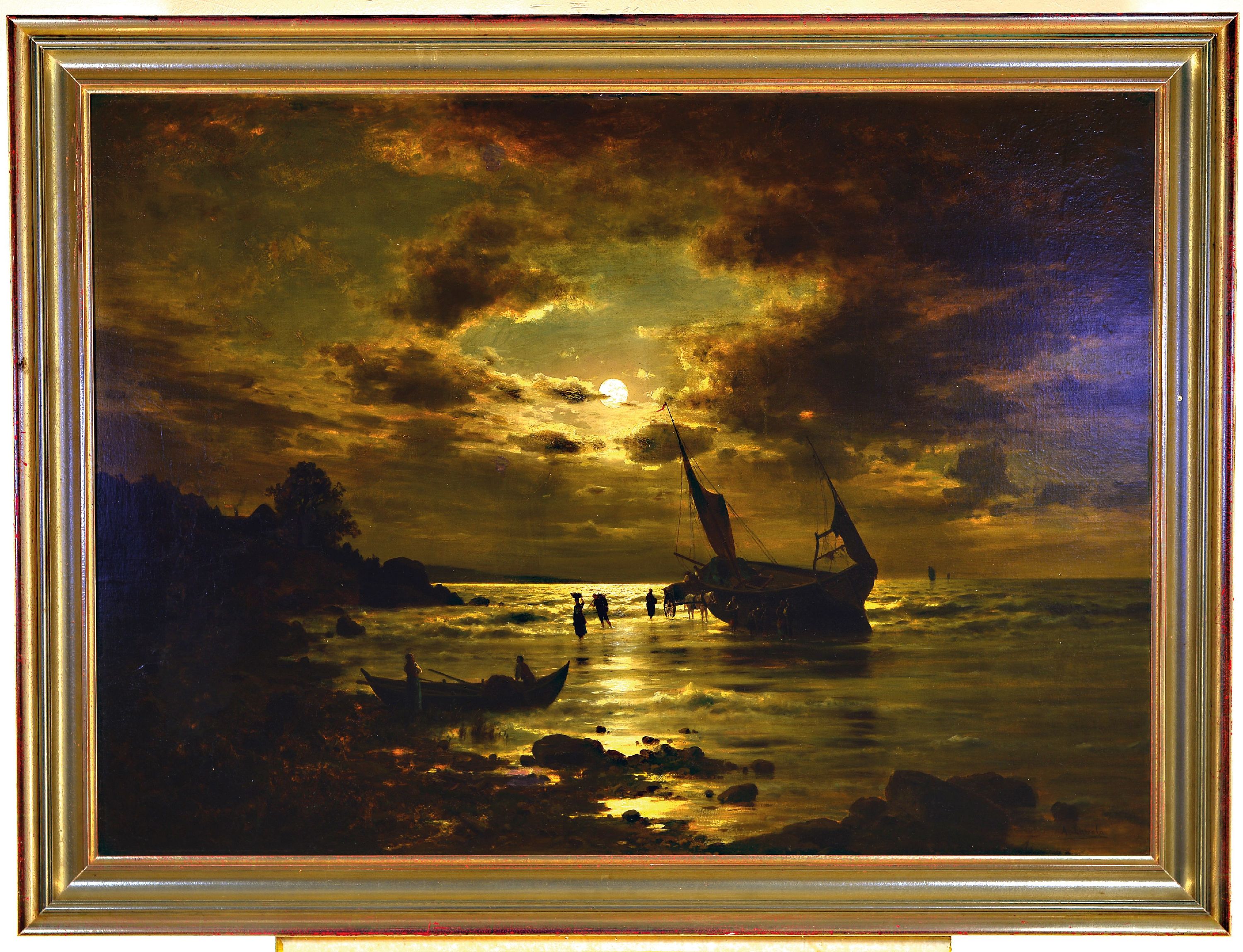Detail k: Adolf Chwala, 1836 Prag-1900 Wien, Vollmond über heimkehrende Fischer am Strand, Öl/Lwd, doubl., rest., retouschiert, rechts unten signiert, ca. ...