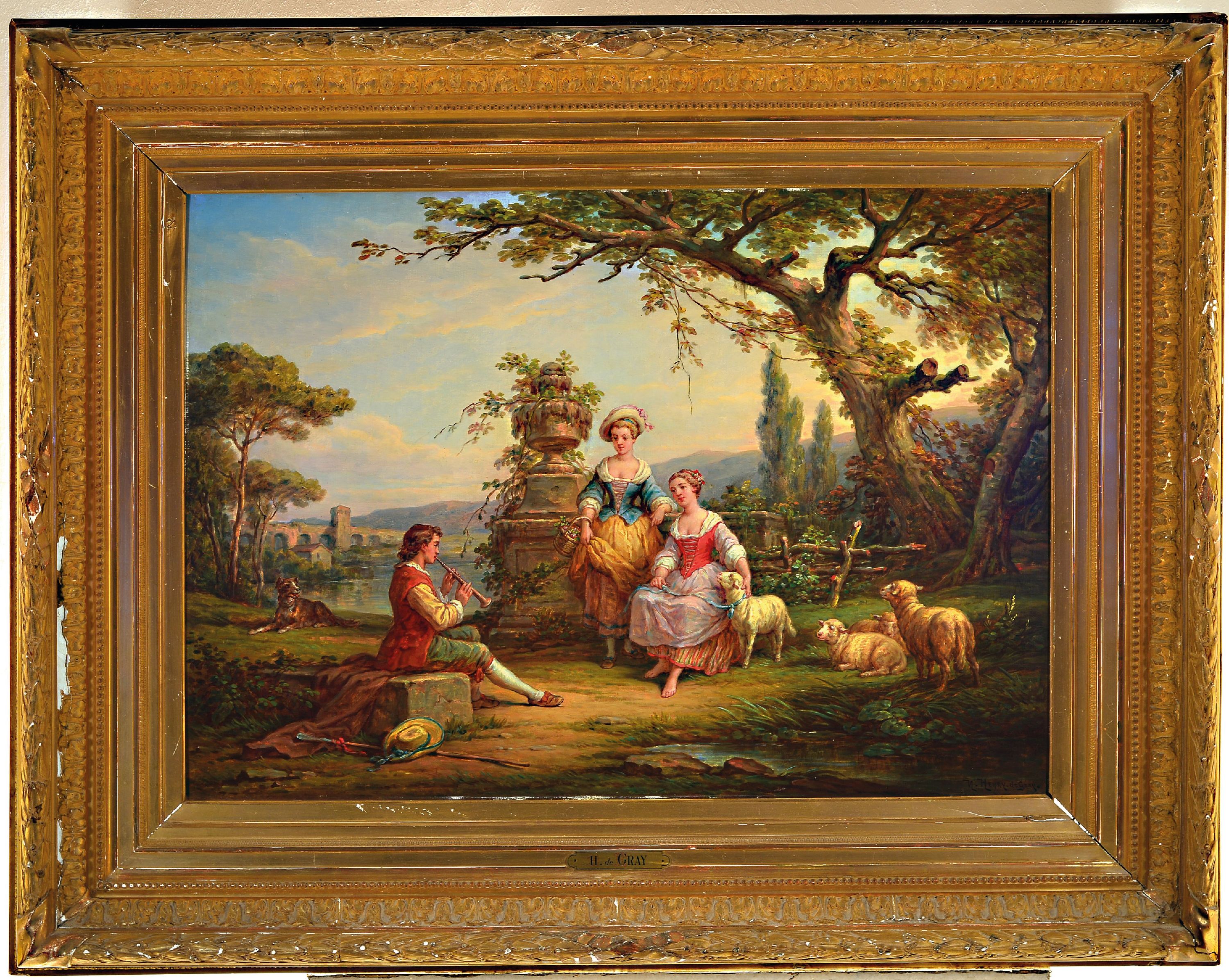Detail k: Nicolas Henry, genannt Henry de Gray, geb. 1822 Gray/Haute Saone, Schäferszene, zwei junge Frauen mit Schafen im Park lauschen einem jungen ...