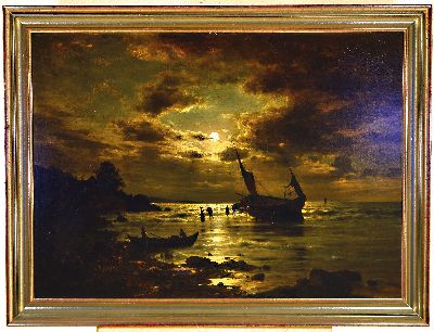 27007330k - Adolf Chwala, 1836 Prag-1900 Wien, Vollmond über heimkehrende Fischer am Strand, ...