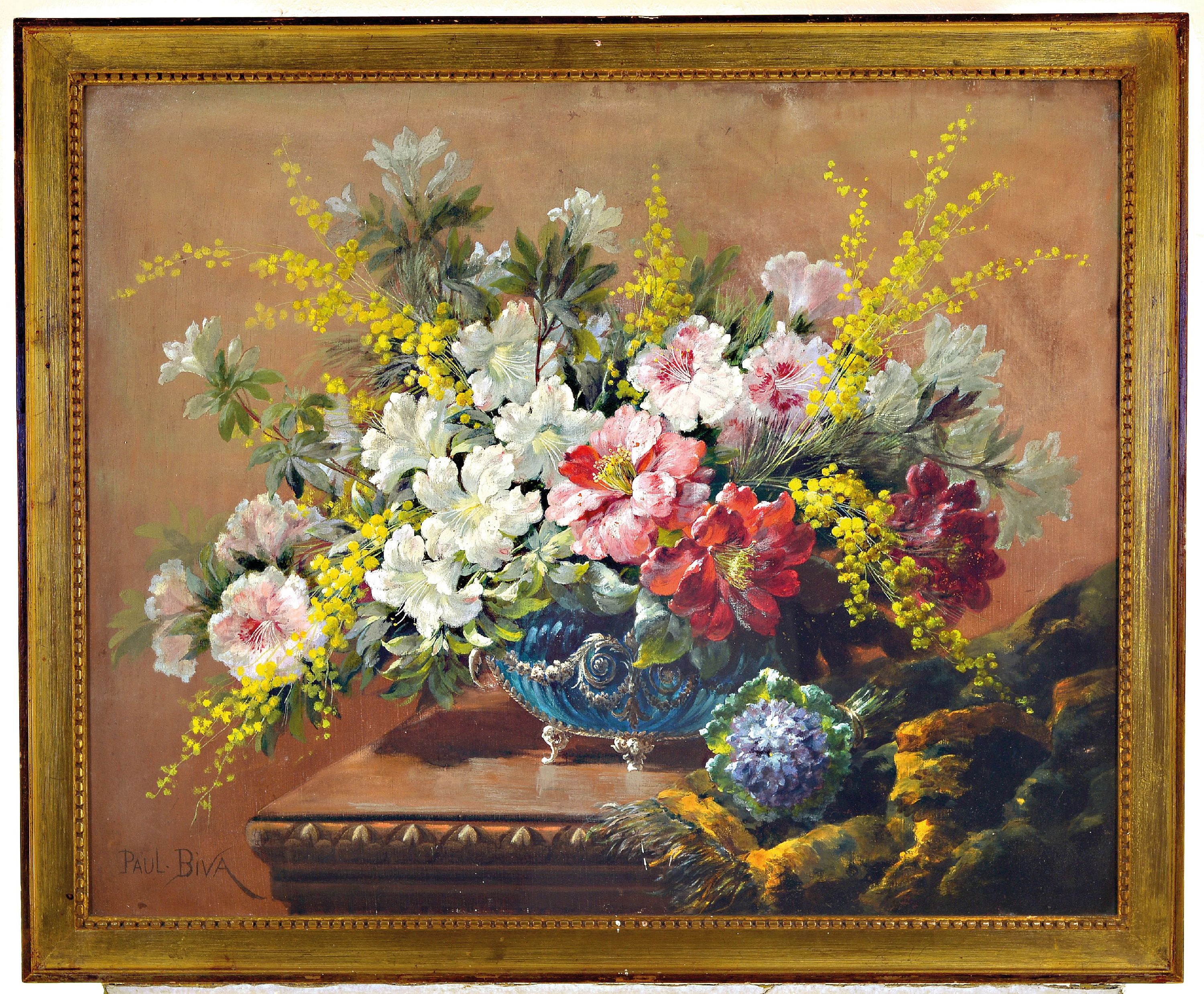 Detail k: Paul Biva, 1851 Paris-1900 Avon/ Seine-et -Marne, Üppiges Blumenstillleben in Silber montiertem Gefäß, rechts unten eine Decke, Öl/Lwd/Holz, ...