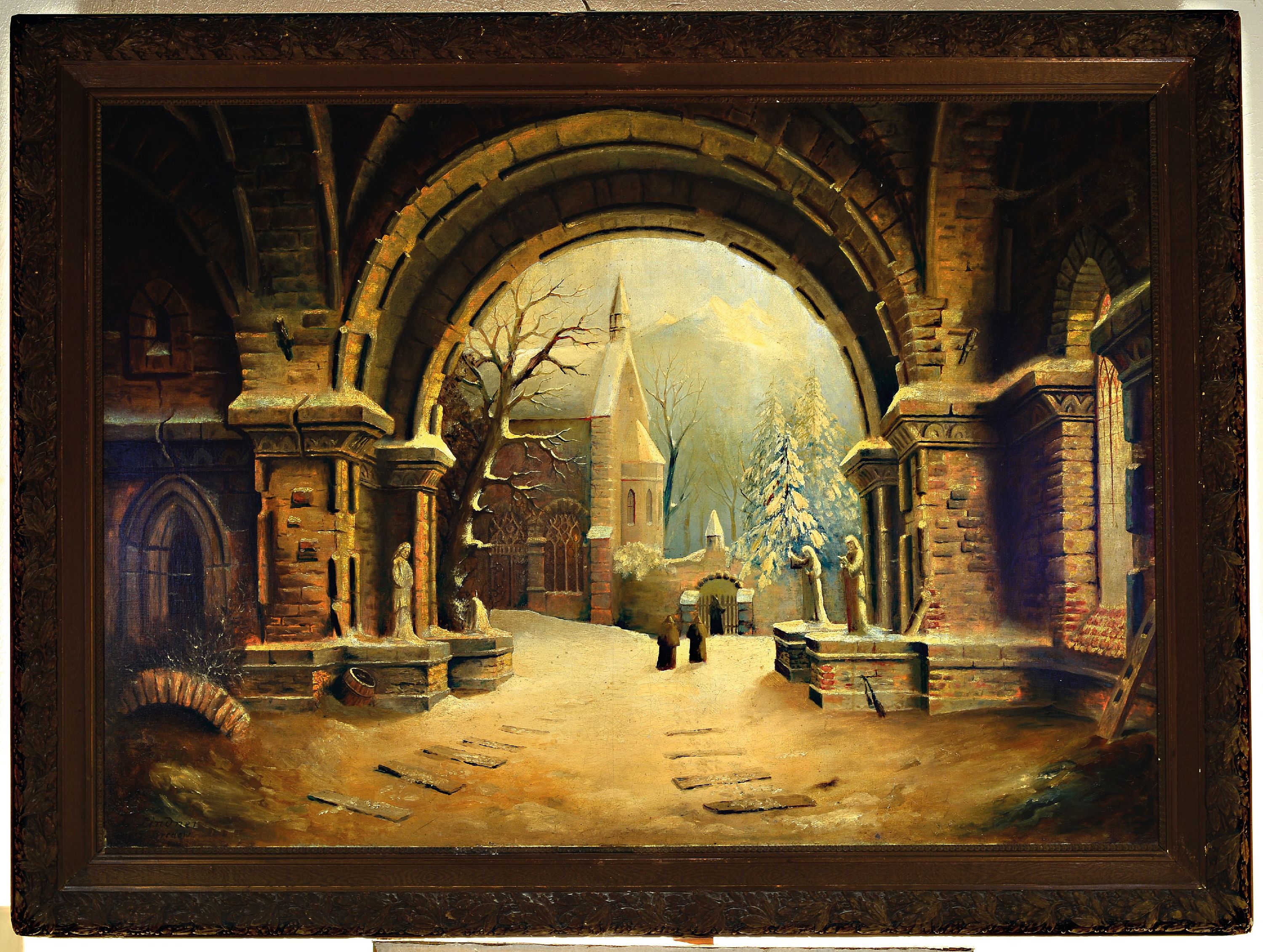 Detail k: Julius Lindner, Salzburg vor 1845 bis nach 1881, nach Albert Bredow (1828-1899), Winterlandschaft mit mittelalterlichem Klostereingang und Mönchen, ...