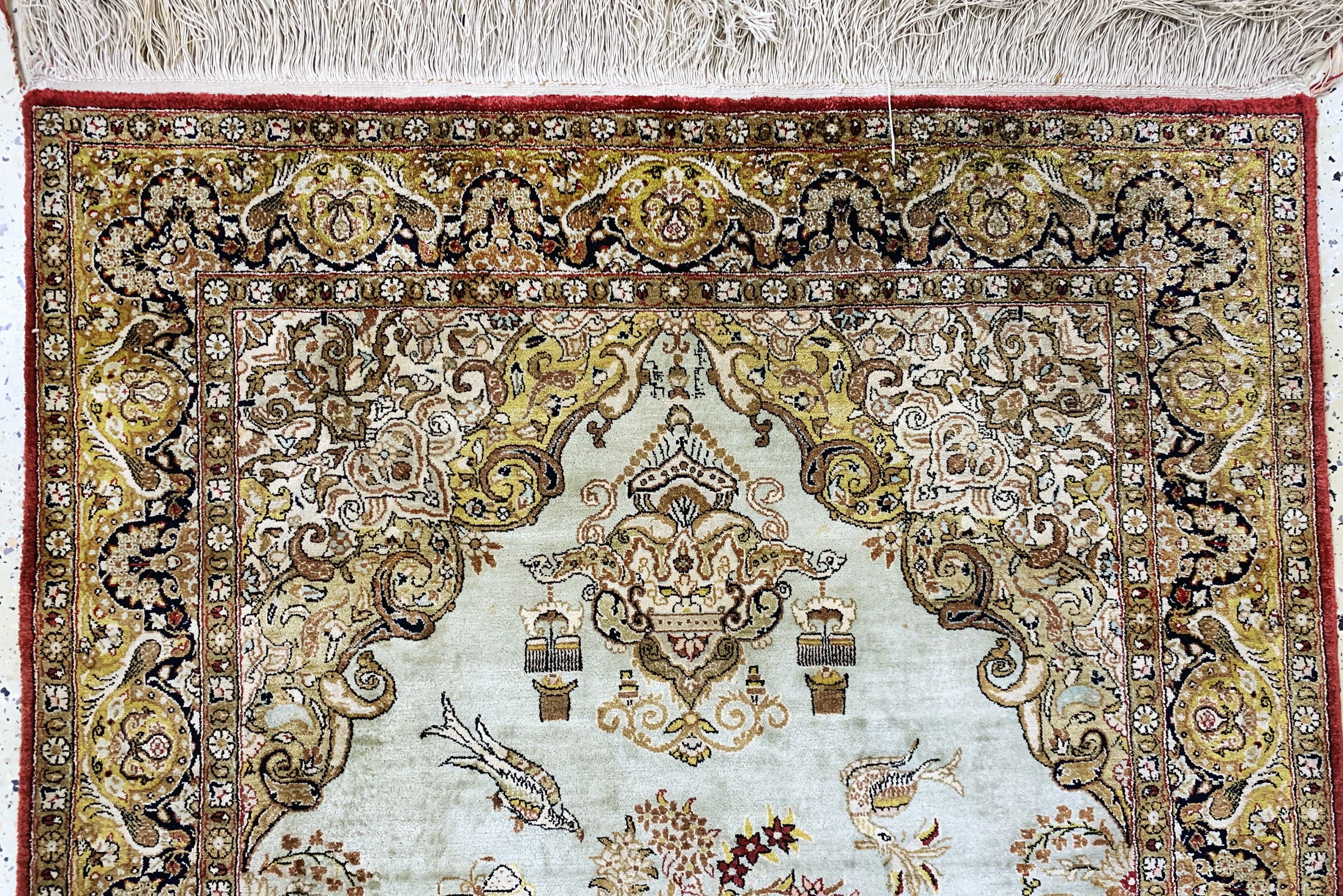 Detail a: Ghom Seide, Persien, Mitte 20.Jhd, reine Naturseide, ca. 160 x 108 cm, Reinigungsbedürftig, EHZ: 1-2