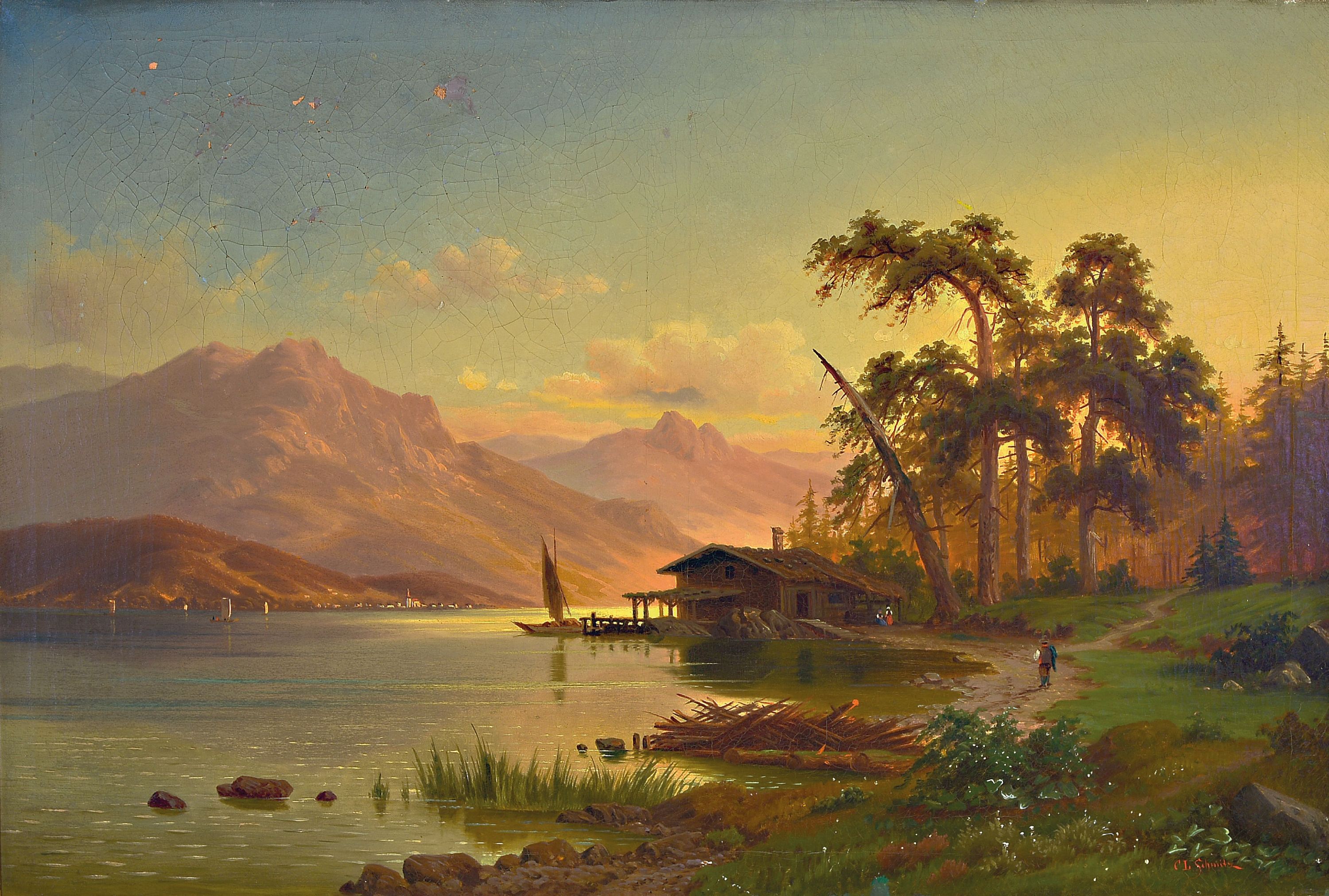 Image 27007430 - Carl Ludwig Schmitz, 1817-1859 Düsseldorf, Landschaft am Flußufer im Morgenrot, ...