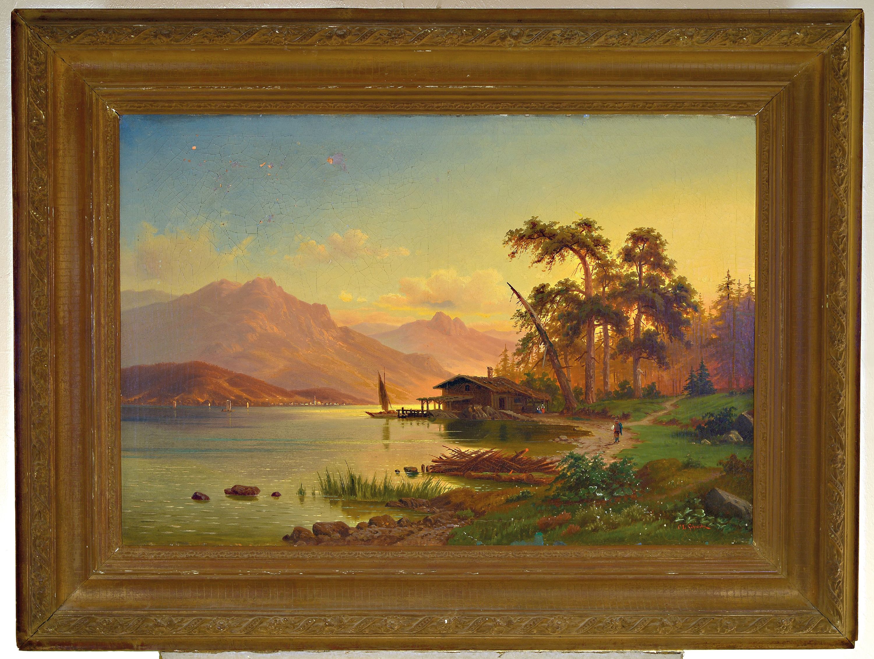 Detail k: Carl Ludwig Schmitz, 1817-1859 Düsseldorf, Landschaft am Flußufer im Morgenrot, Öl/Lwd, rechts unten signiert, krakeliert mit partiellen ...