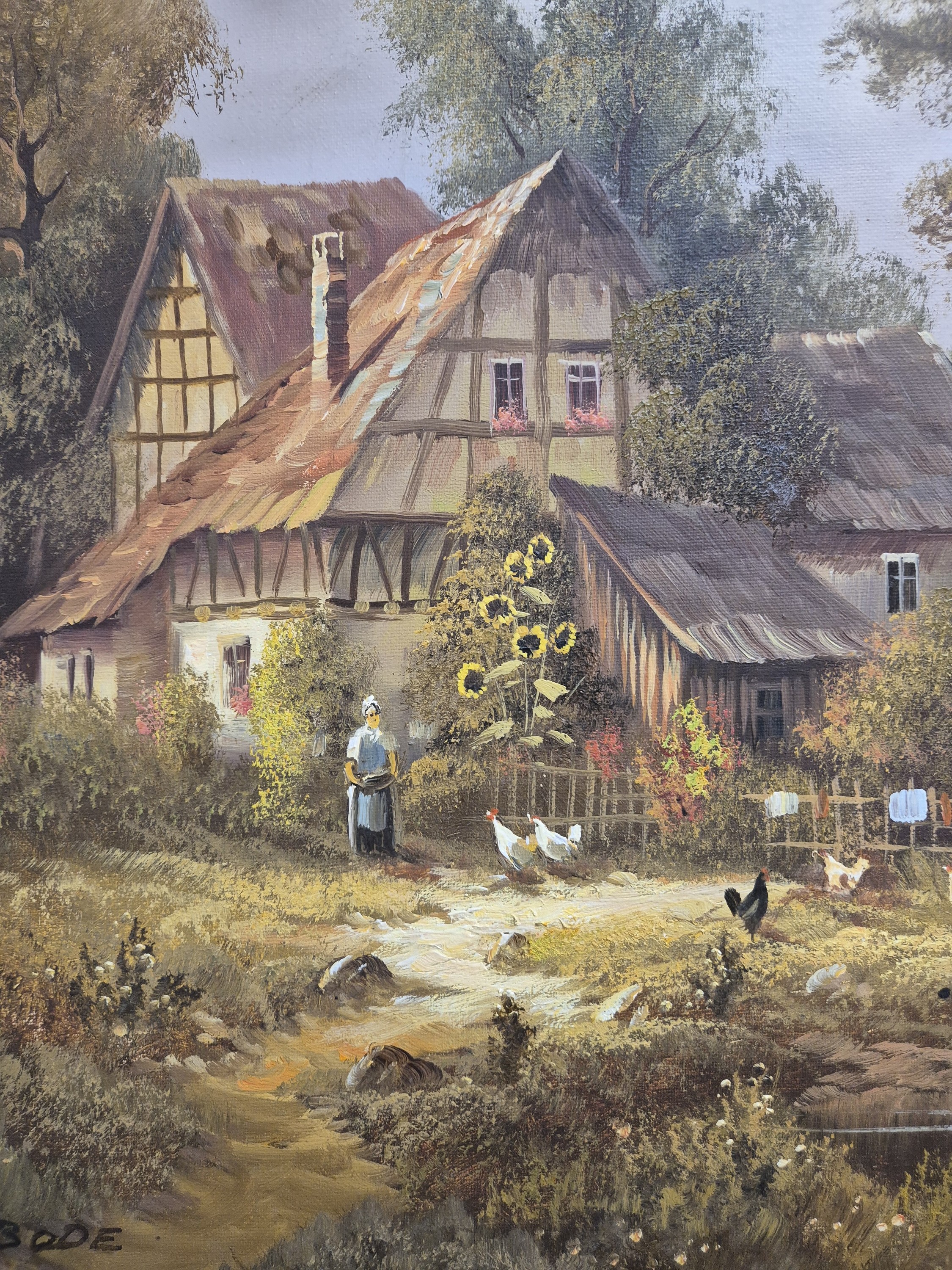 Detail b: Johann Daniel Bode, Künstler des 20.Jh., süddeutsche Landschaft mit Gehöft an einem See, Staffage mit einer Bäuerin beim Füttern der Hühner, ...