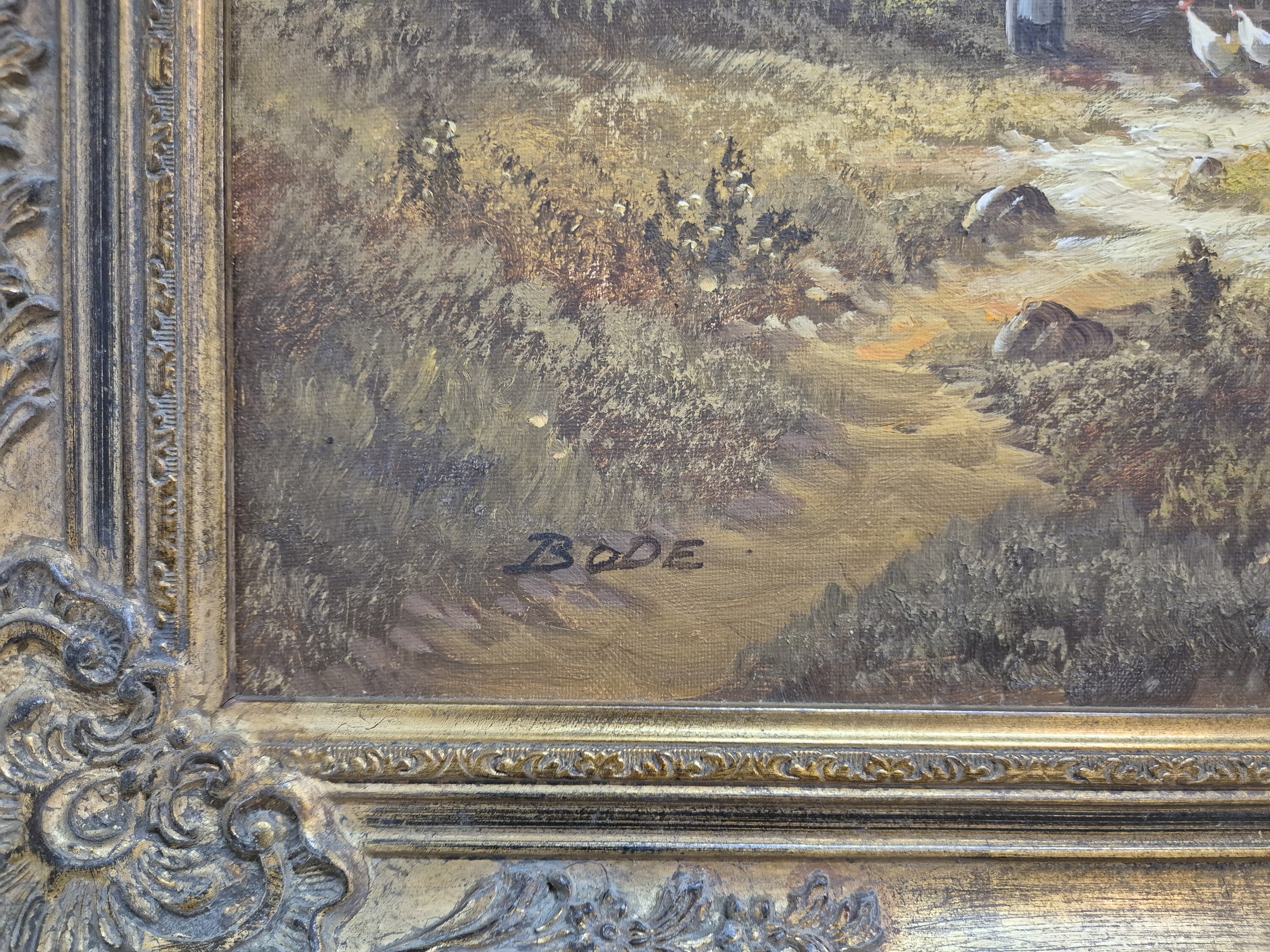 Detail c: Johann Daniel Bode, Künstler des 20.Jh., süddeutsche Landschaft mit Gehöft an einem See, Staffage mit einer Bäuerin beim Füttern der Hühner, ...