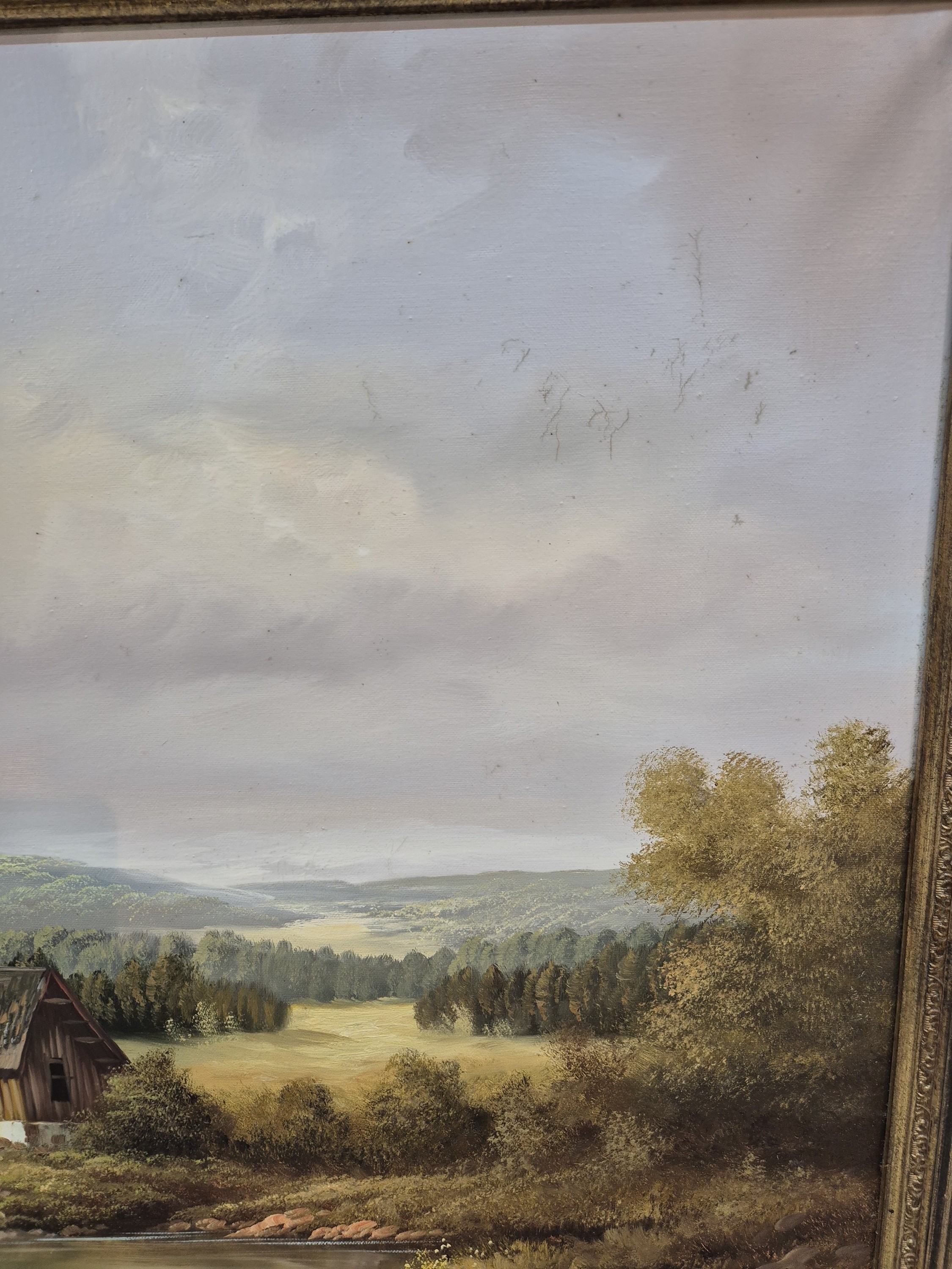 Detail d: Johann Daniel Bode, Künstler des 20.Jh., süddeutsche Landschaft mit Gehöft an einem See, Staffage mit einer Bäuerin beim Füttern der Hühner, ...