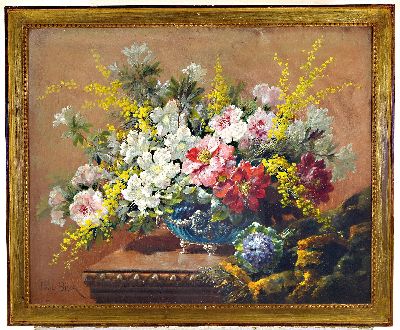 27007407k - Paul Biva, 1851 Paris-1900 Avon/ Seine-et -Marne, Üppiges Blumenstillleben in Silber ...