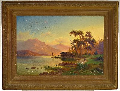 27007430k - Carl Ludwig Schmitz, 1817-1859 Düsseldorf, Landschaft am Flußufer im Morgenrot, ...