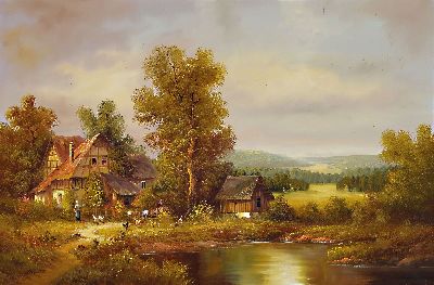 Image Johann Daniel Bode, artist of the 20th century, southern German landscape with a farm ...