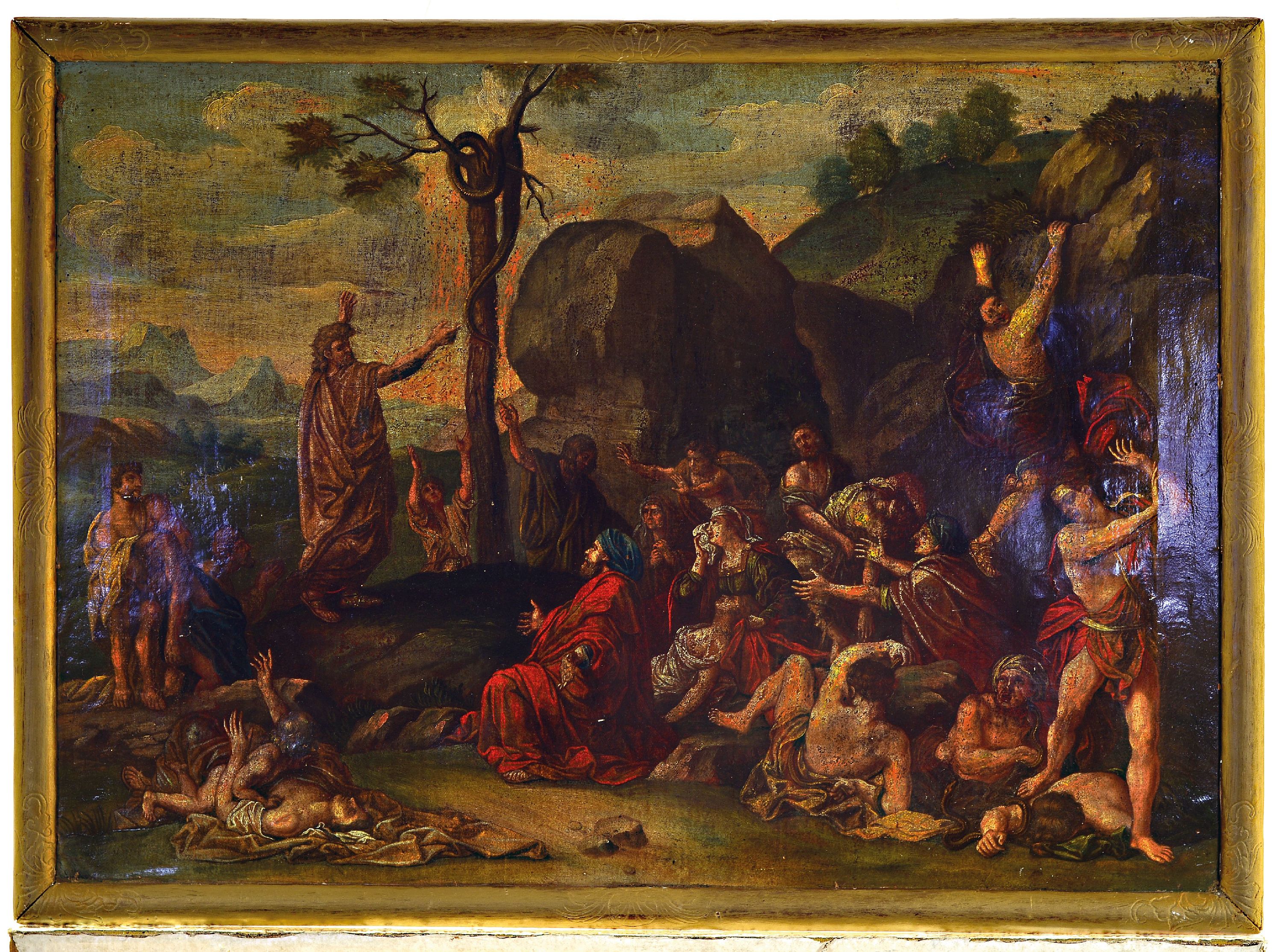 Detail k: Unbekannter Künstler des 18. Jh., Die Erhöhung der ehernen Schlange, Moses vor seinem klagenden Volk, Öl/Lwd, doubl., mit alten Restaurierungen, ...
