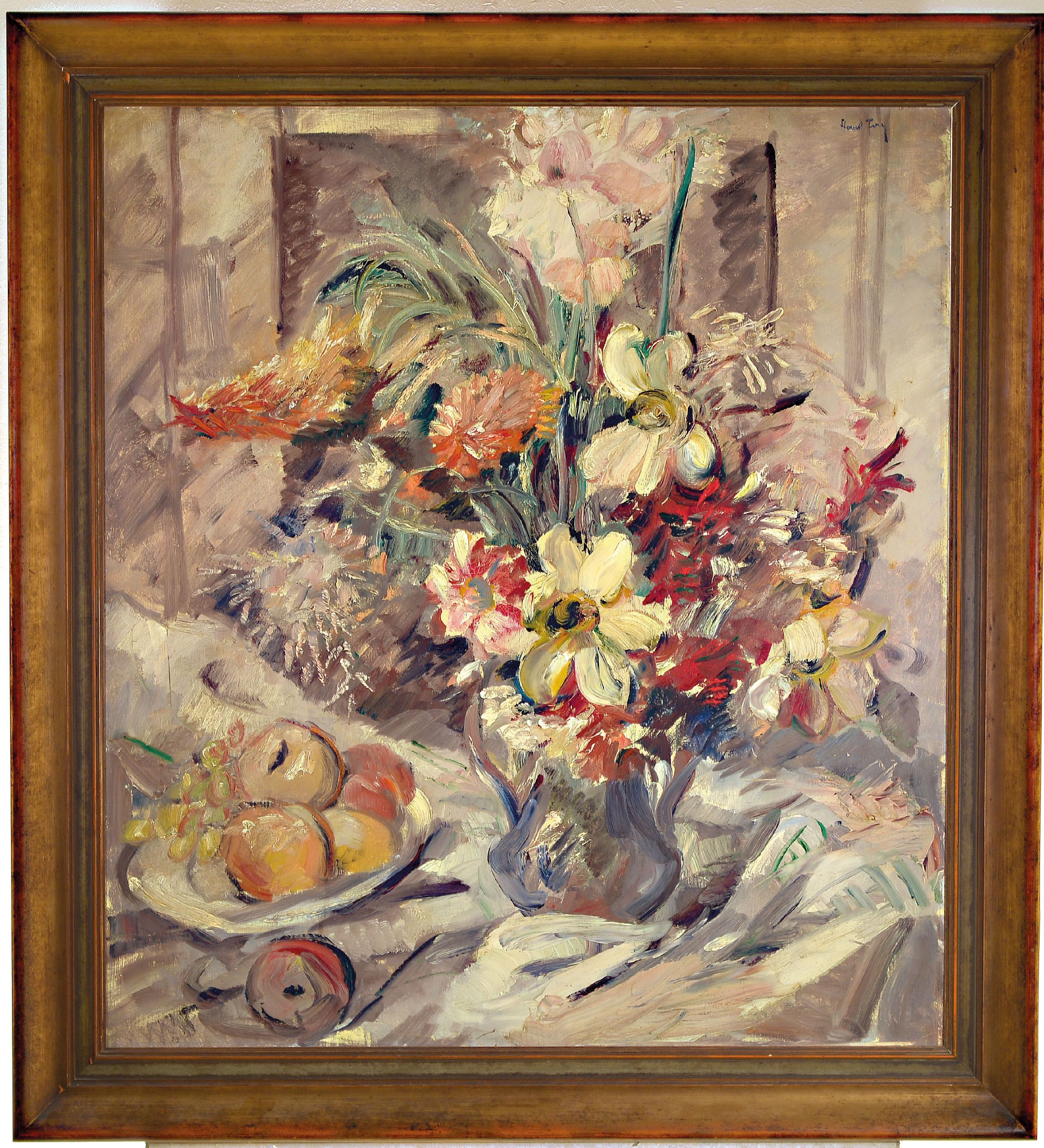 Detail k: Hanns Fay, 1888 Frankenthal-1957 Neustadt, großes Blumenstillleben, Sommerstrauß mit Obstschale, rechts oben signiert, Öl/Holz, 100x90 cm, Rahmen ...