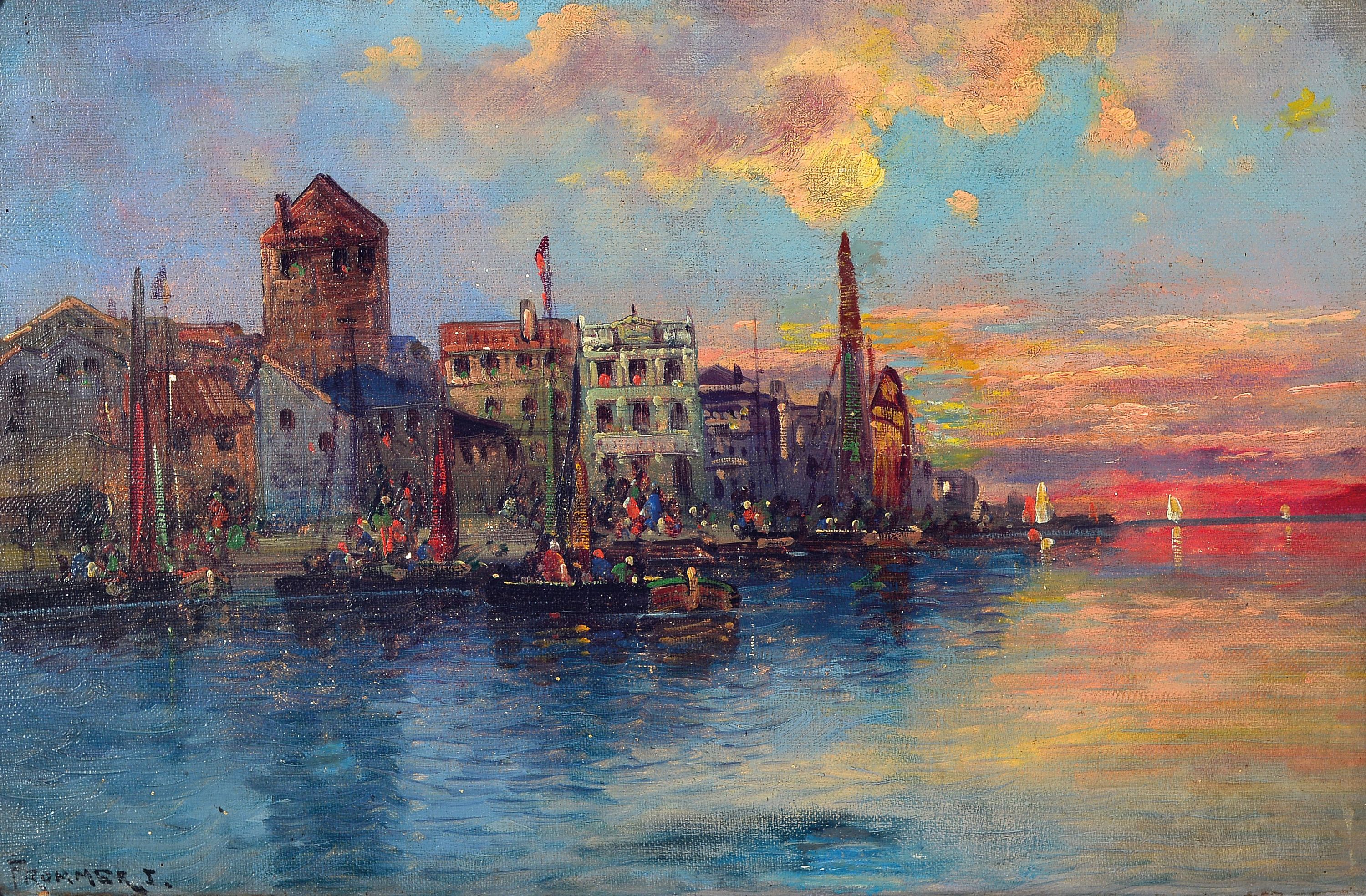 T. Frommer, Maler des frühen 20. Jh., Blick auf eine Küstenstadt, Öl/Lwd, rest., links unten sign., ca. 32x47cm, R. ca. 41x55cm