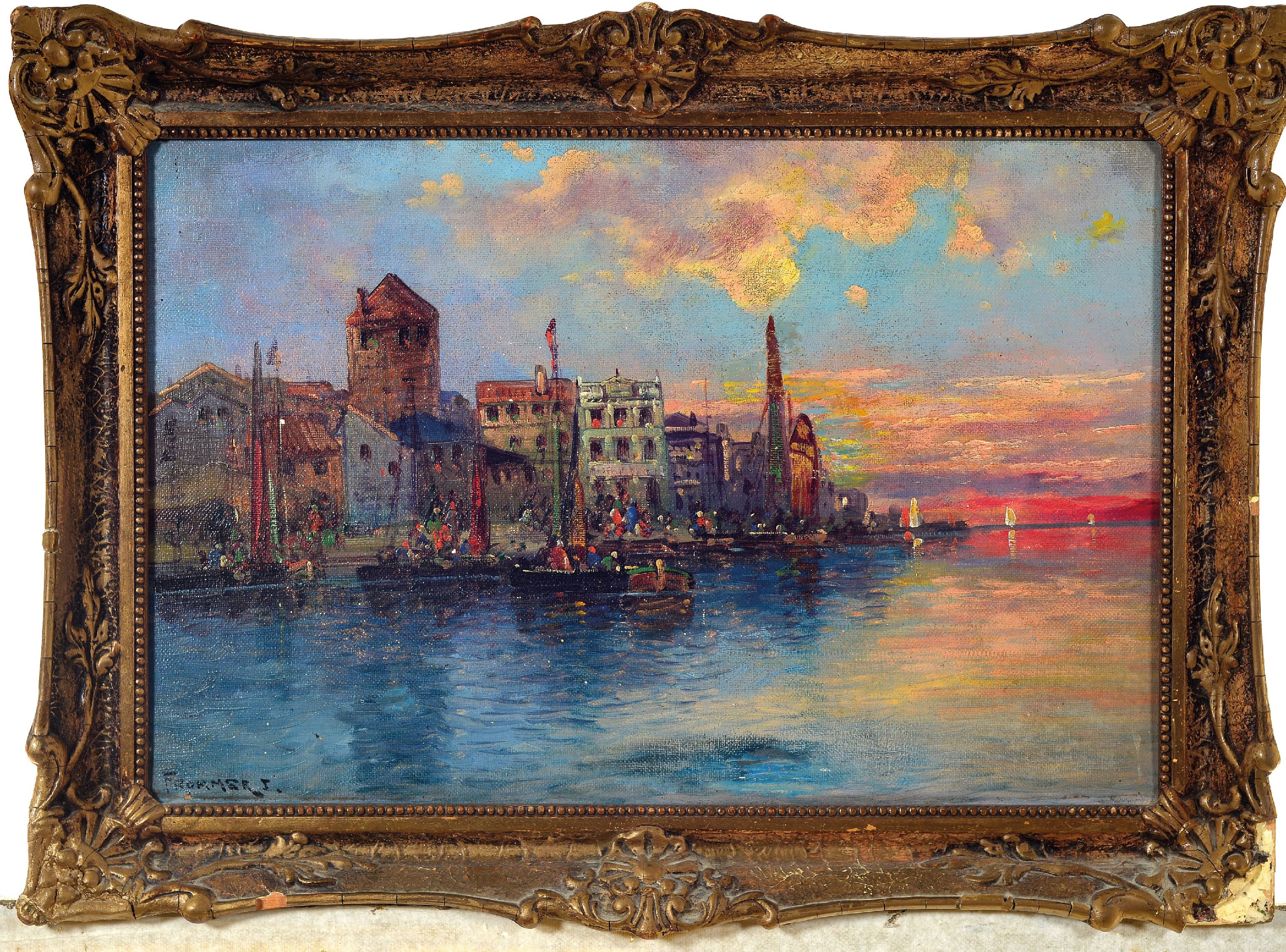 Detail k: T. Frommer, Maler des frühen 20. Jh., Blick auf eine Küstenstadt, Öl/Lwd, rest., links unten sign., ca. 32x47cm, R. ca. 41x55cm