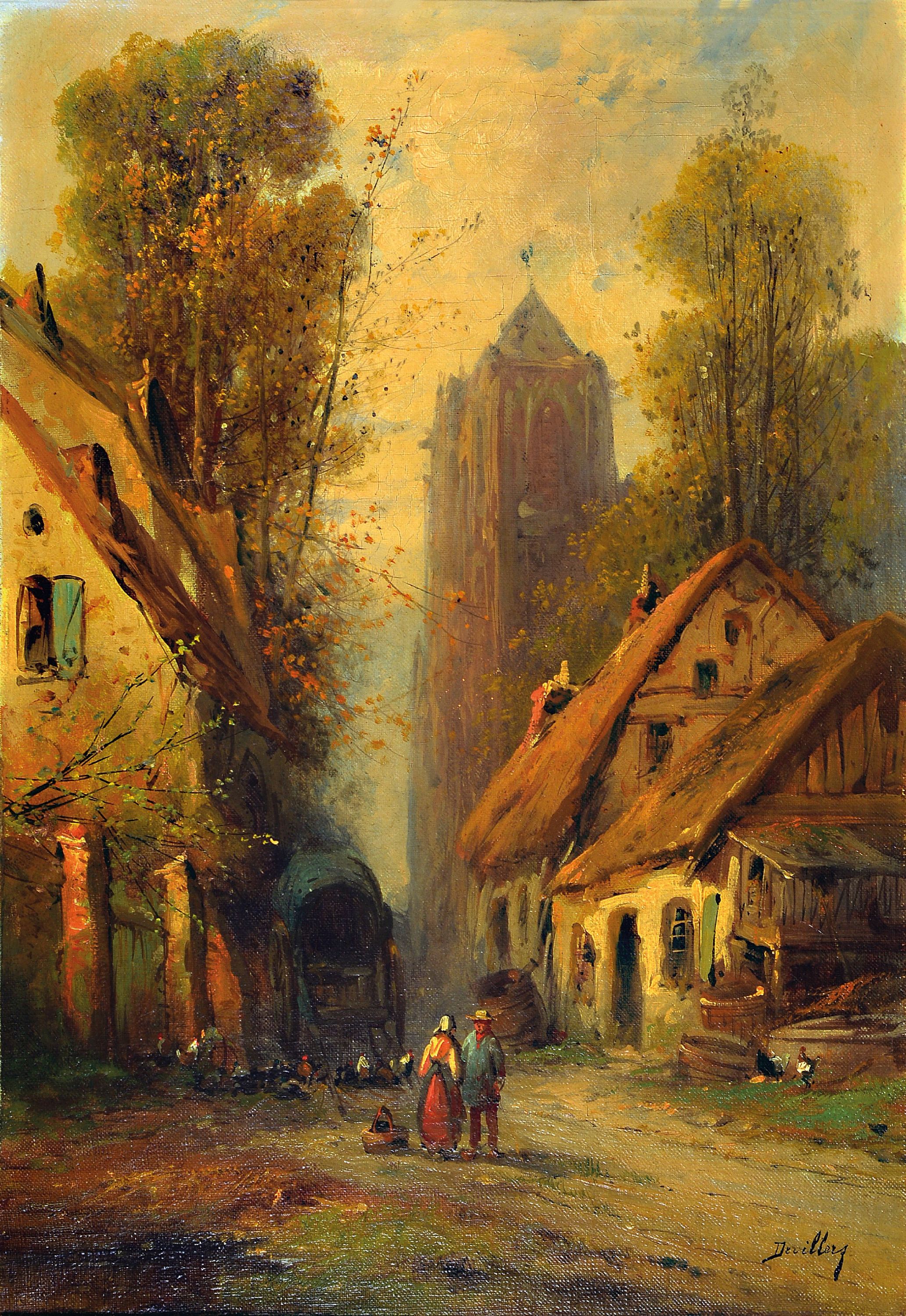 Image 27007590 - Paul Devillers, französischer Maler um 1900, Mutter mit Kind auf einer Dorfstraße, ...