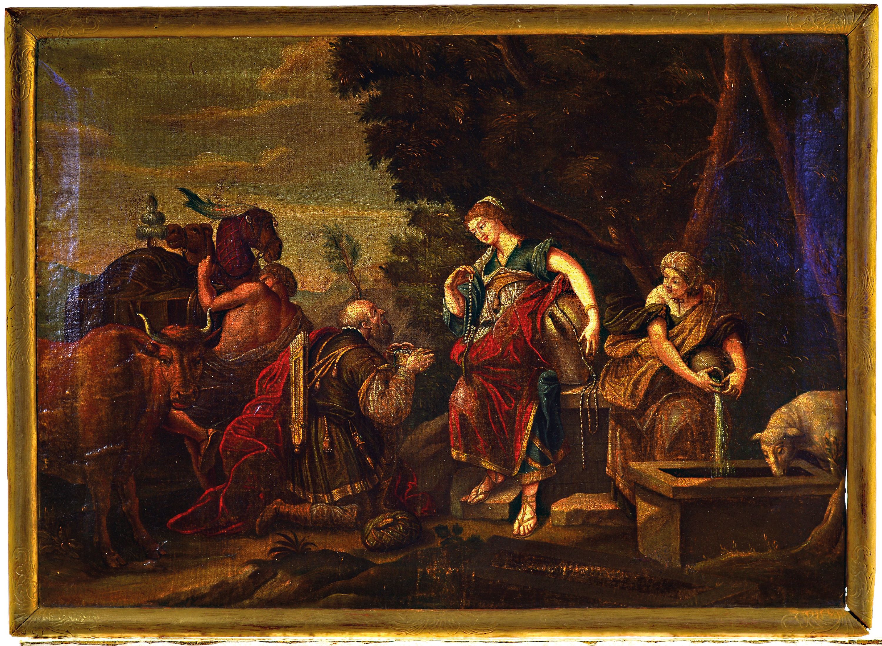 Detail k: Unbekannter Künstler, um 1760, Huldigung am Brunnen, wohl alttestamentarische Szene, Öl/Lwd, unsigniert, rest., ca. 52x73cm, R. ca. 57x77cm