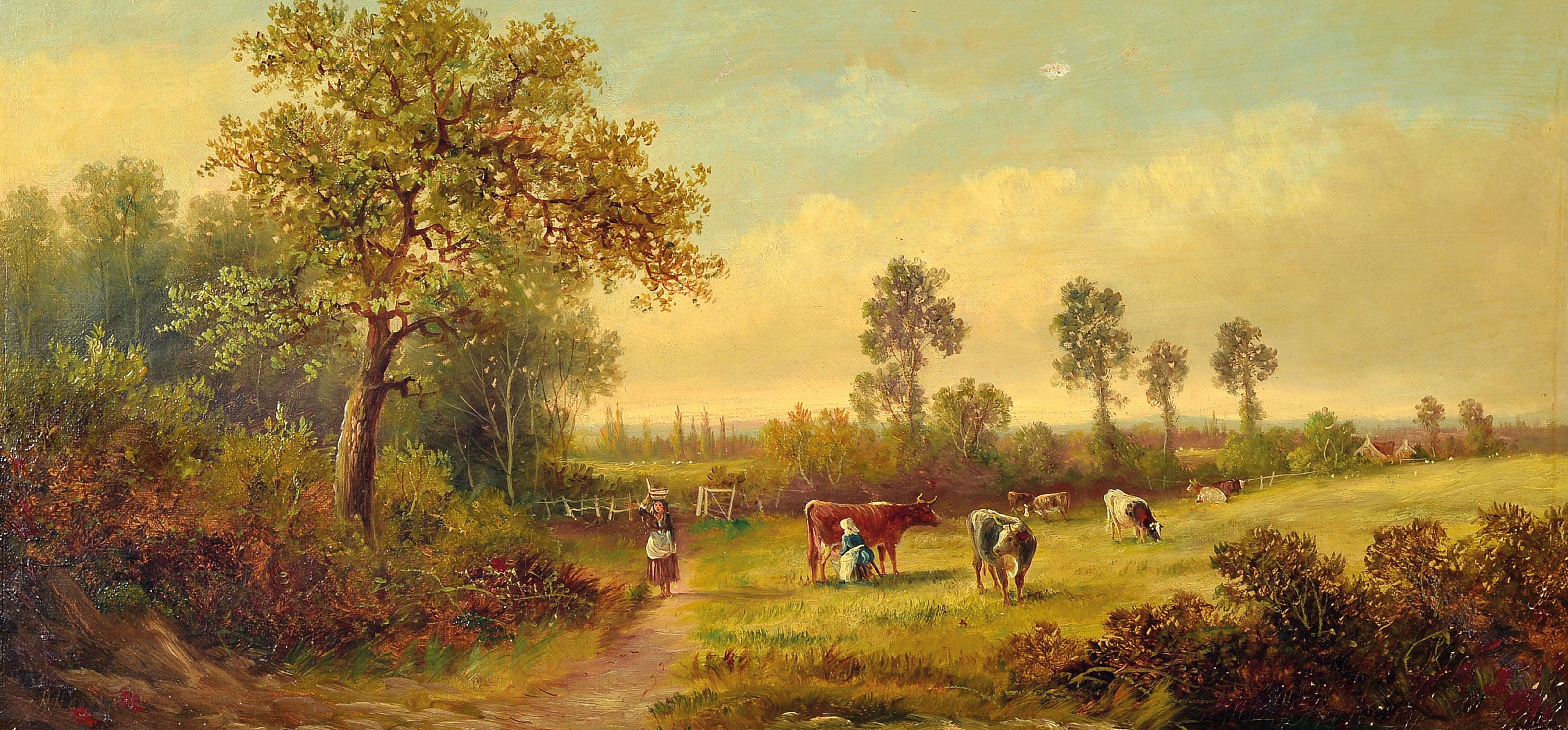 Harry Harris, englischer Maler um 1900, Kühe auf der Weide werden gemolken, Öl/Lwd, links unten signiert, ca. 28x58cm, R. ca. 44x74cm