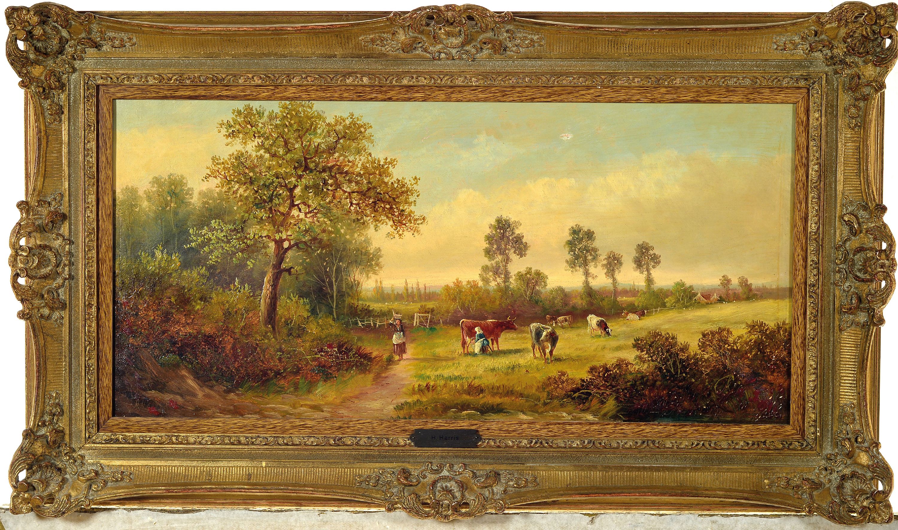 Detail k: Harry Harris, englischer Maler um 1900, Kühe auf der Weide werden gemolken, Öl/Lwd, links unten signiert, ca. 28x58cm, R. ca. 44x74cm
