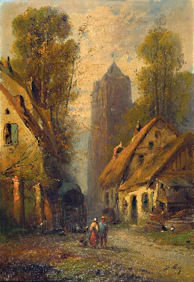 Image Paul Devillers, französischer Maler um 1900, Mutter mit Kind auf einer Dorfstraße, ...