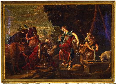 27007591k - Unbekannter Künstler, um 1760, Huldigung am Brunnen, wohl alttestamentarische Szene, ...