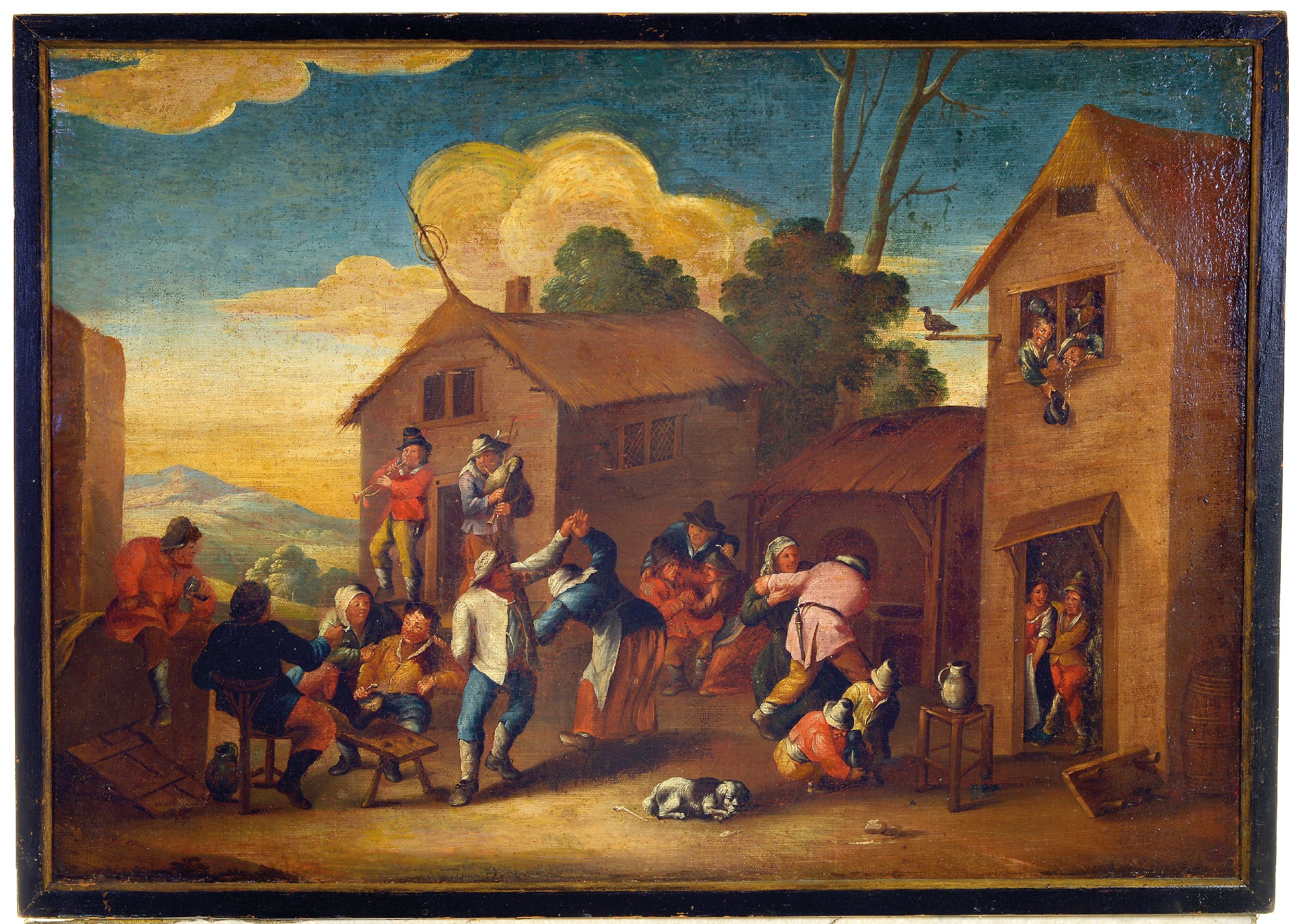 Detail k: Unbekannter Künstler, Niederlande, um 1830-40, vielfigurige Bauernhochzeit mit tanzendem Paar und Musikern, Öl/Lwd, rest., unsign., ca. 53x75cm, R. ...