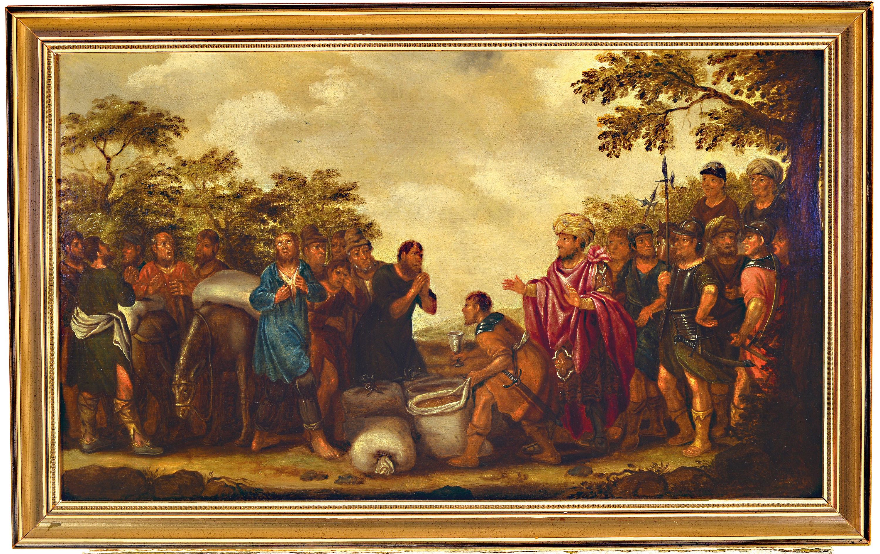 Detail k: Unbekannter Künstler, wohl deutsch, um 1830-40, Das Zahlen der Steuern, auf der einen Seite klagende Bauern mit ihren Kornsäcken, auf der anderen ...
