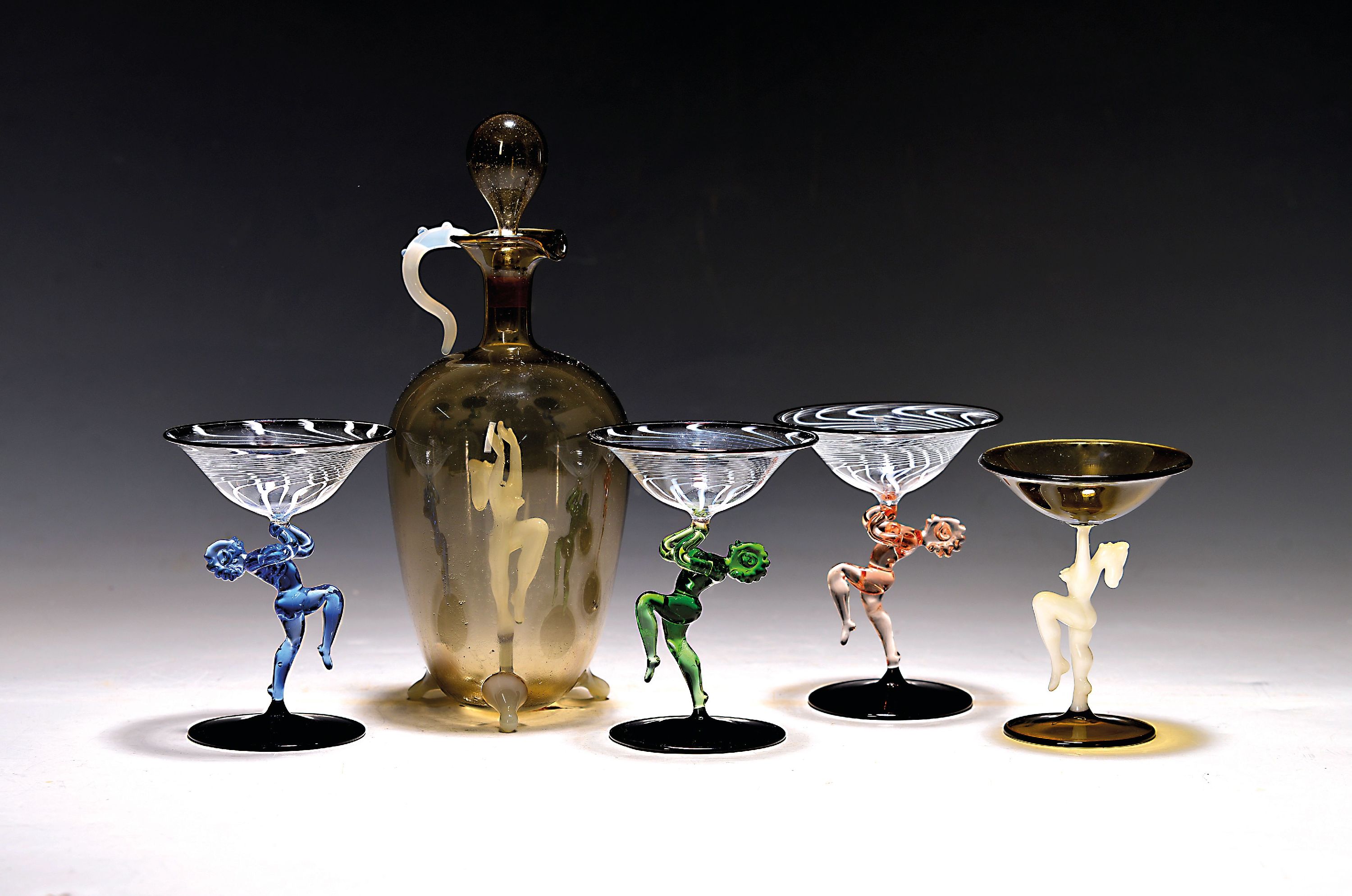 Image 27008004 - Likörkaraffe und 6 Likörgläser, Lauscha, 20. Jh., Karaffe und drei rauchfarbene ...