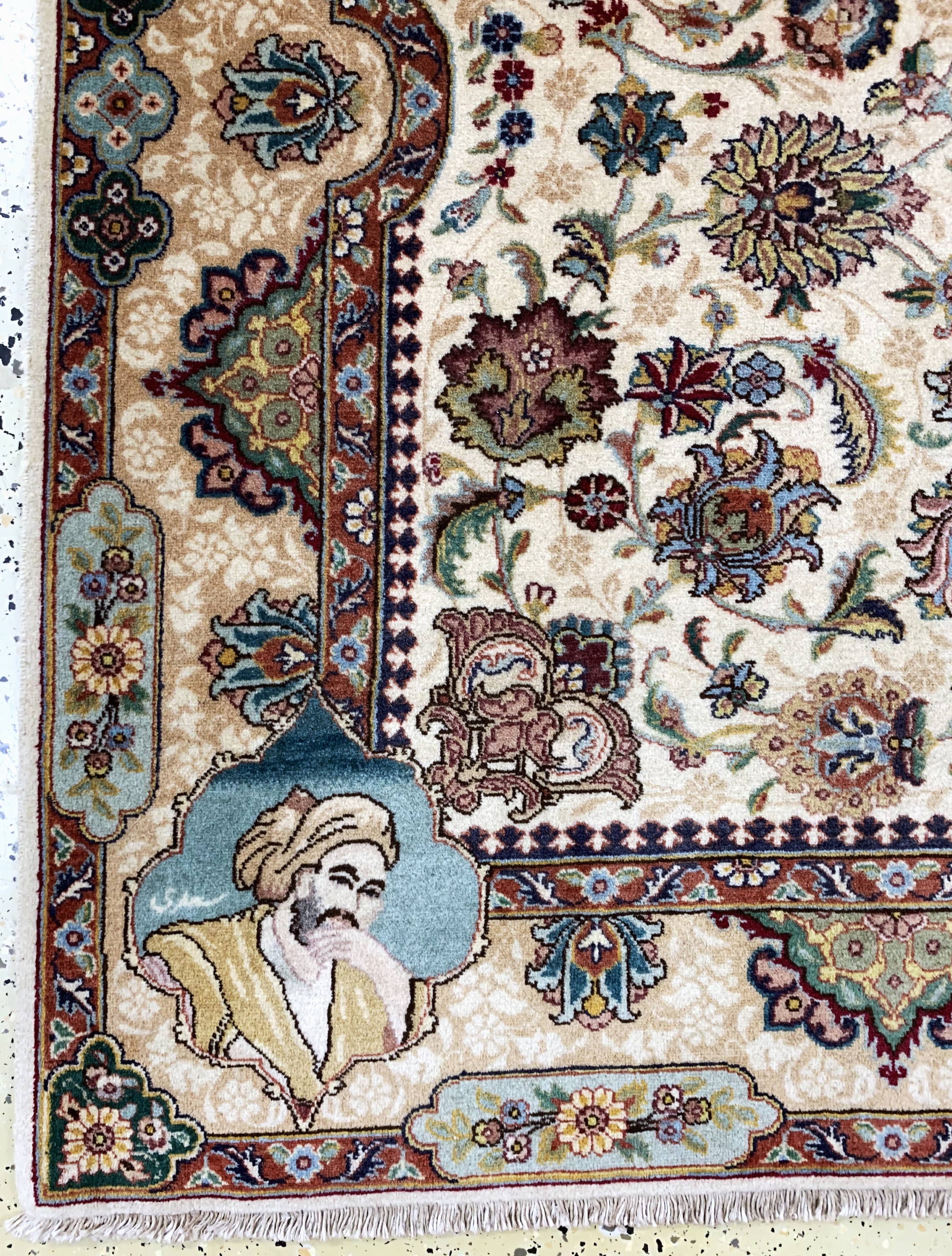 Detail b: Täbriz fein Persien, "Abbildung von Hafiz,Saadi,Ferdosi und Avicenna", um 1950-1960, Korkwolle auf Baumwolle, ca. 210 x 140 cm, ...