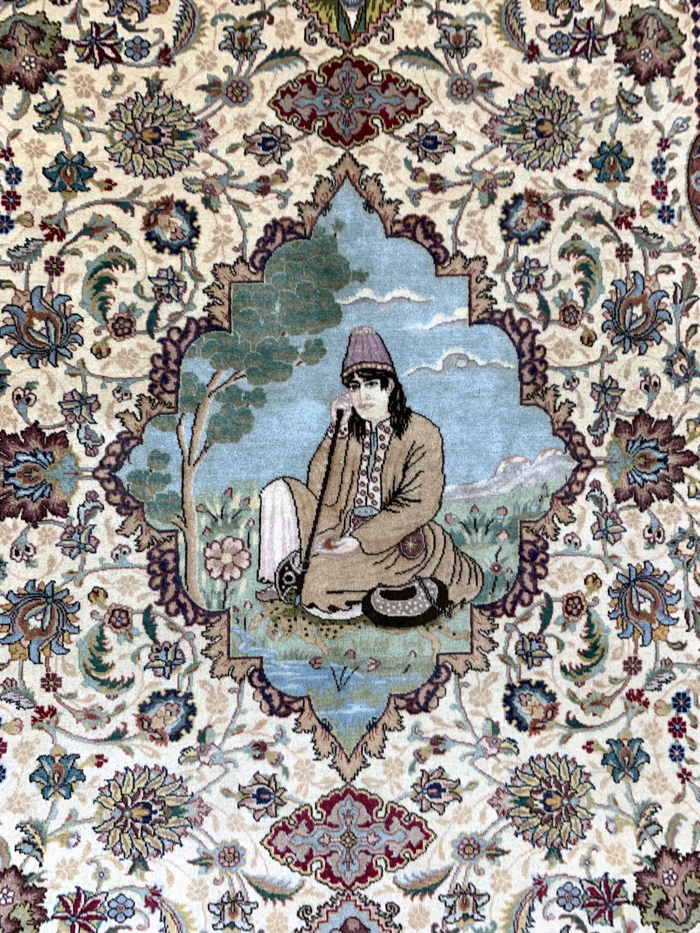 Detail c: Täbriz fein Persien, "Abbildung von Hafiz,Saadi,Ferdosi und Avicenna", um 1950-1960, Korkwolle auf Baumwolle, ca. 210 x 140 cm, ...