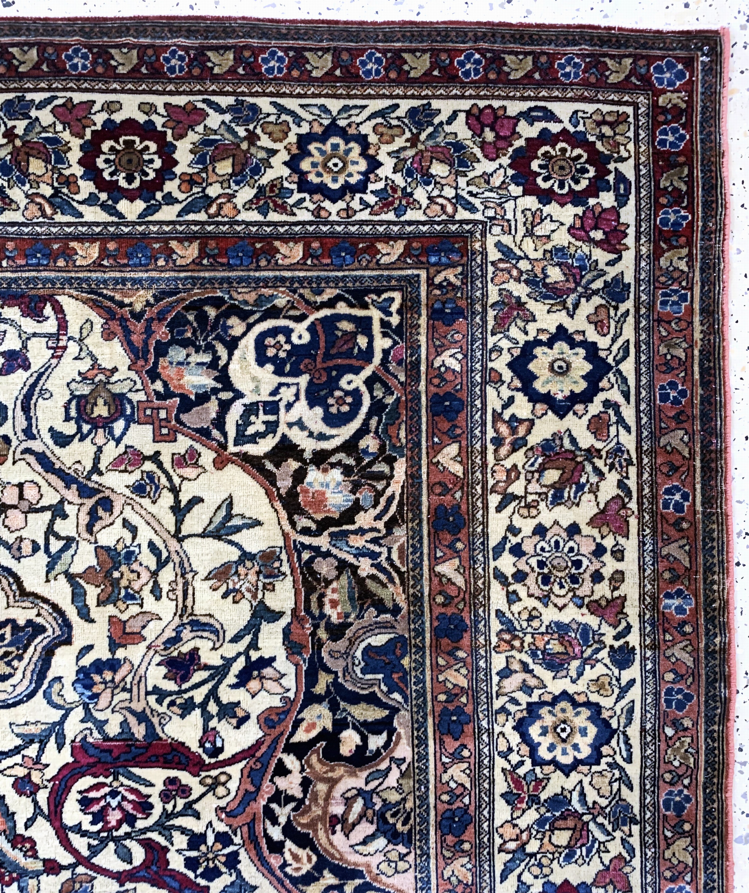 Detail e: Esfahan fein antik, Persien, um 1900, Wolleauf Baumwolle, ca. 206 x 136 cm, EHZ: 3, (restauriert)