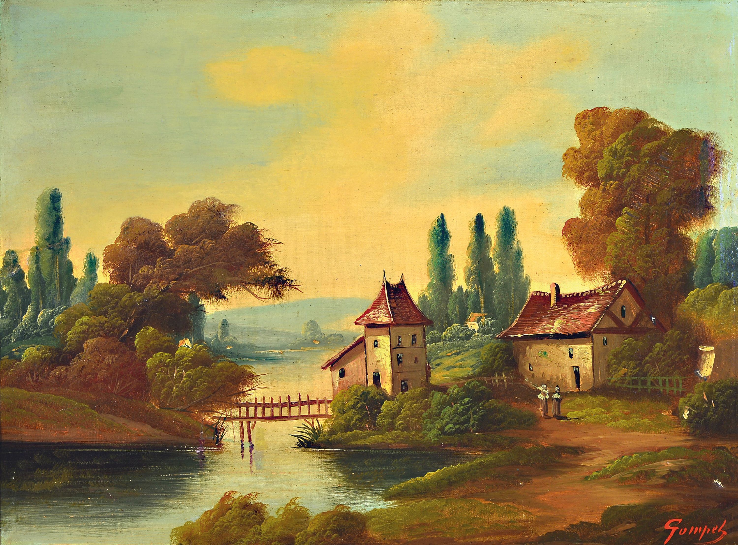 Image 27008562 - Unbekannter Künstler des 19. Jh., Idyllische Landschaft mit Bauernhaus, Gewässer und ...