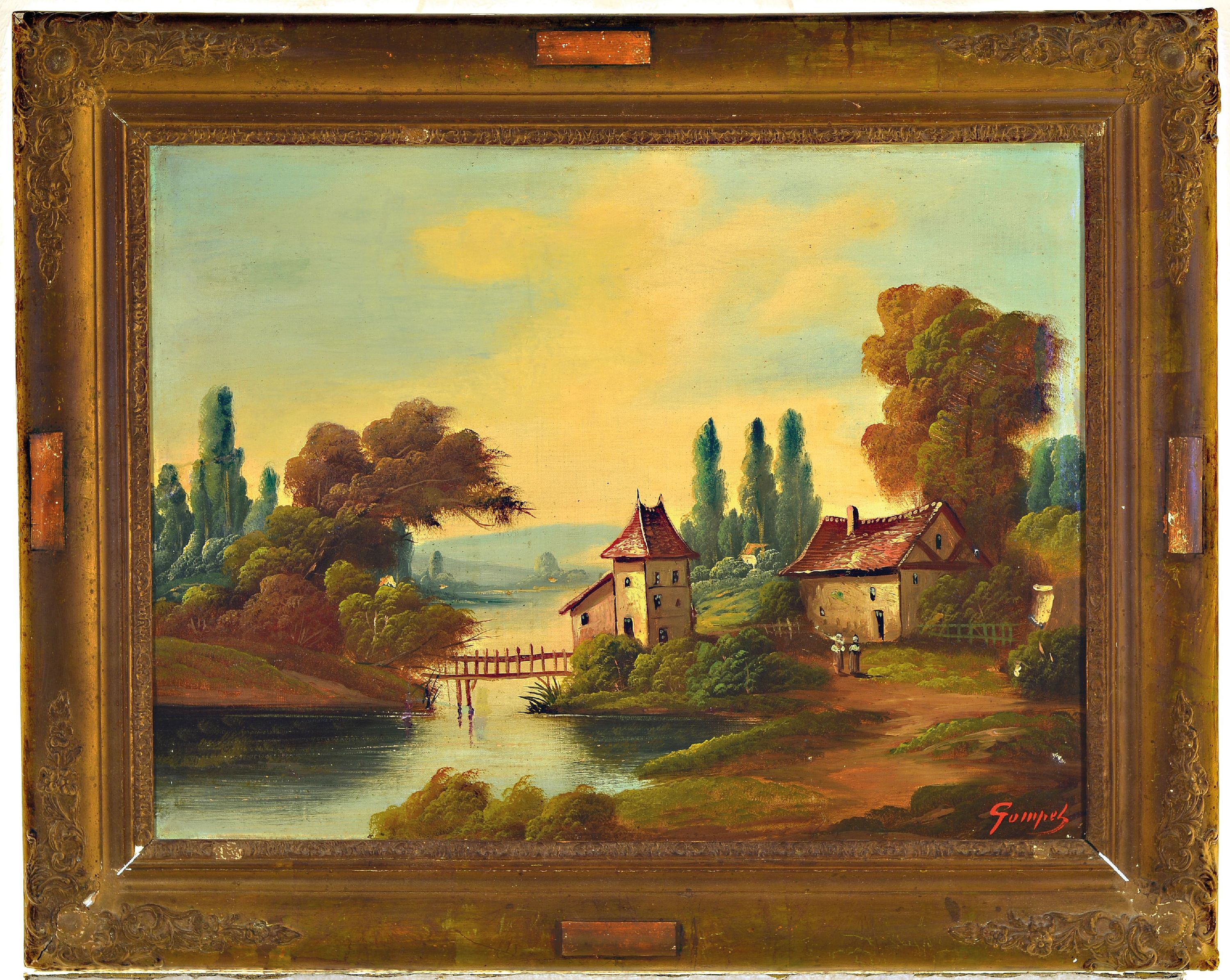 Detail k: Unbekannter Künstler des 19. Jh., Idyllische Landschaft mit Bauernhaus, Gewässer und Brücke, Öl/Lwd, mehrfach rest., rechts unten signiert Gumpel ...