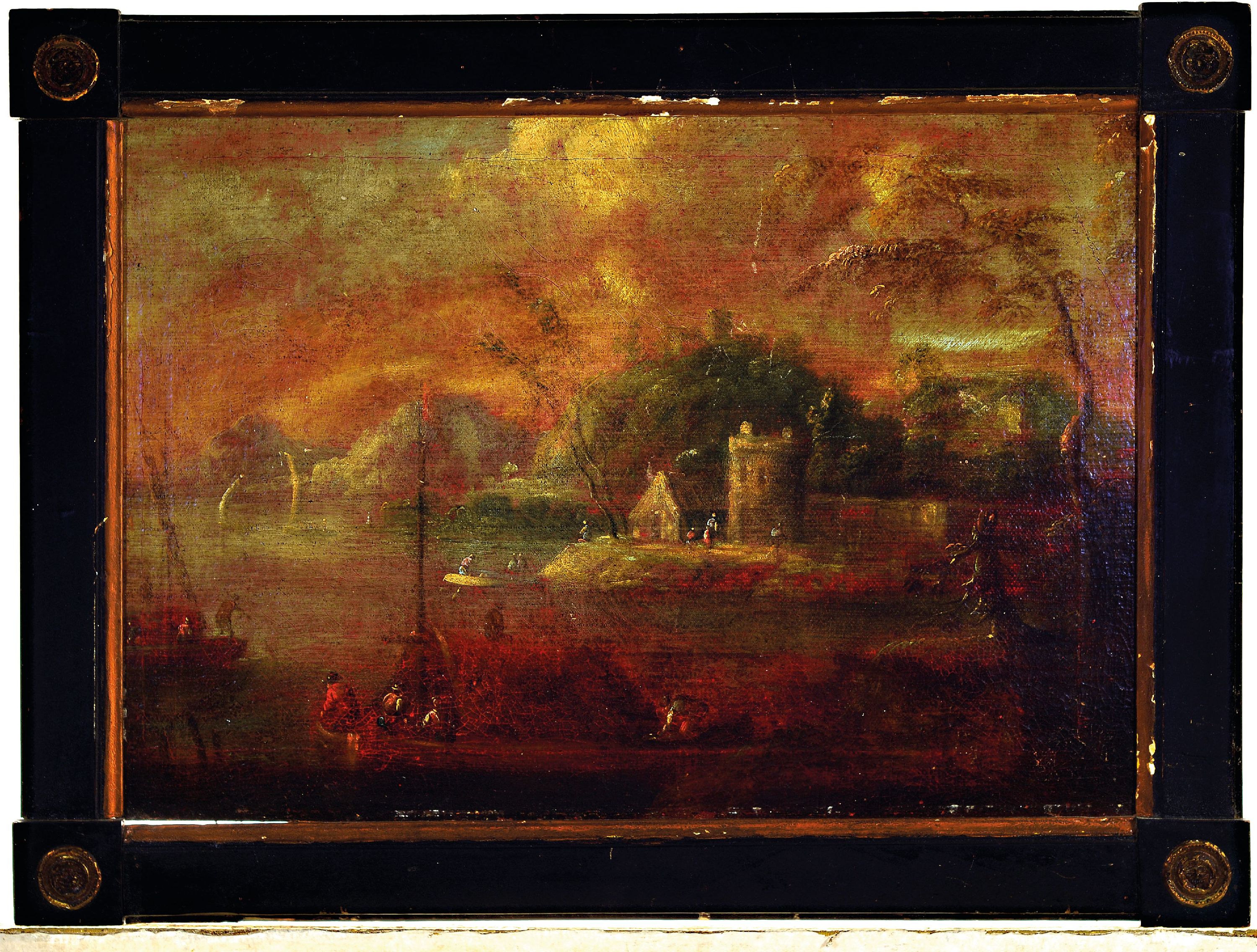 Detail k: Unbekannter Künstler des 18. Jh., Fischerboote auf einem See, am Ufer ein Turm und eine Bauernkate, Öl/Lwd/Malkarton, ca. 42x60cm, R. ca. 53x72cm