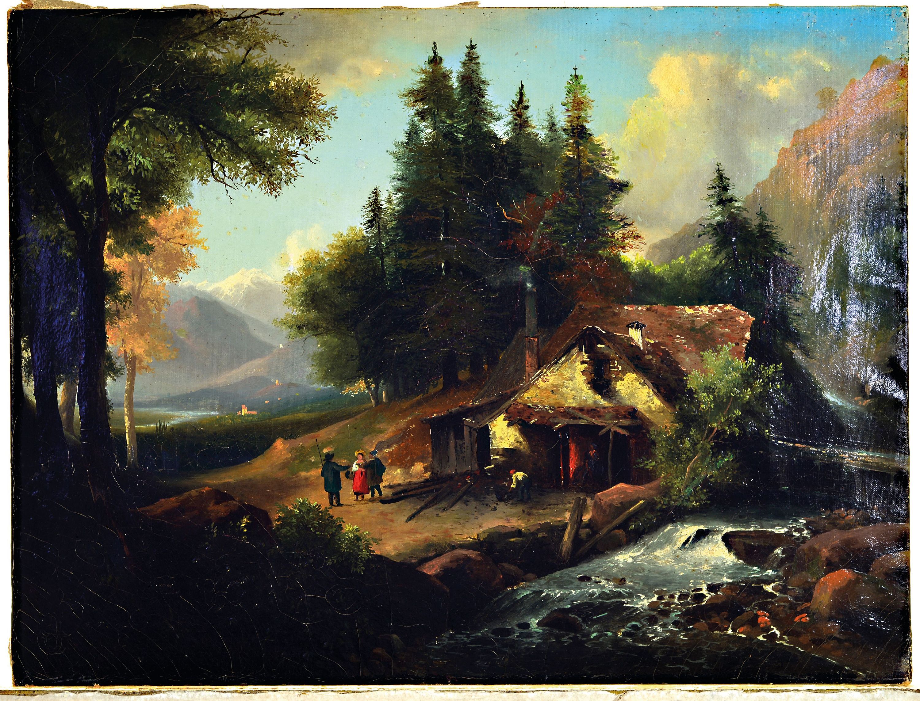 Detail k: Unbekannter Künstler, deutsch, Mitte 19. Jh., Begegnung vor der Köhlerei, im Hintergrund die Berge, im Vordergrund ein Bach, Öl/Lwd, ca. 49x65cm