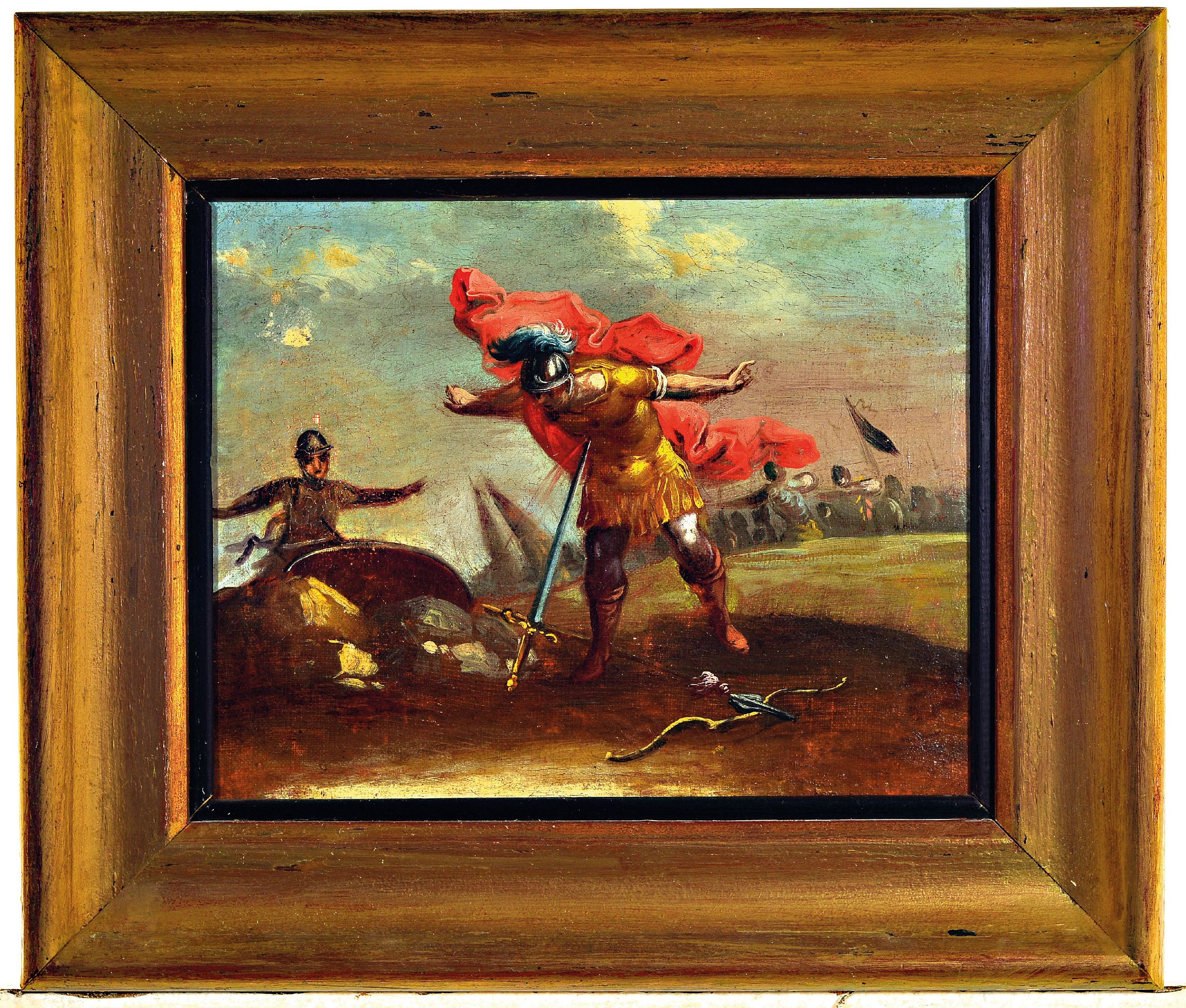 Detail k: Unbekannter Künstler des 19. Jh., römischer Feldherr stürzt sich in sein Schwert, Öl/Lwd, doubl., rest., ca. 32x39cm, R. ca. 46x54cm
